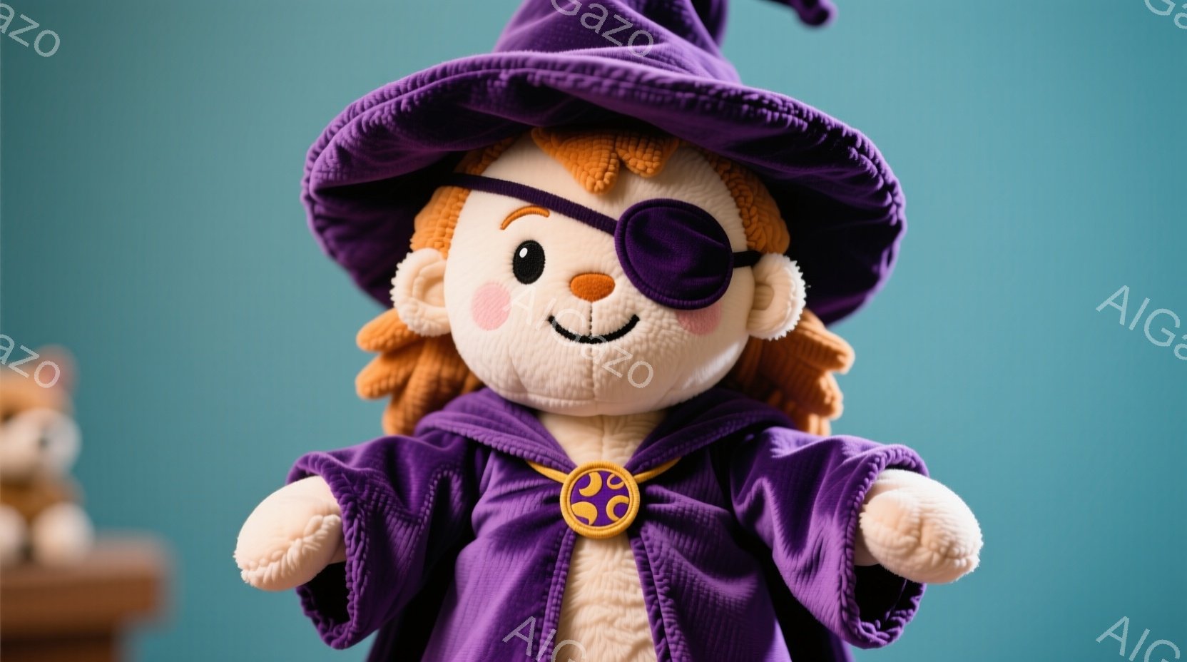 鮮やかな紫色のローブと帽子を身につけた、愛らしいぬいぐるみです。右目に眼帯をつけており、顔には笑顔が浮かんでいます。背景はターコイズブルーで、他のぬいぐるみがぼやけて見え、ファンタジーで夢のような雰囲気を作り出しています。