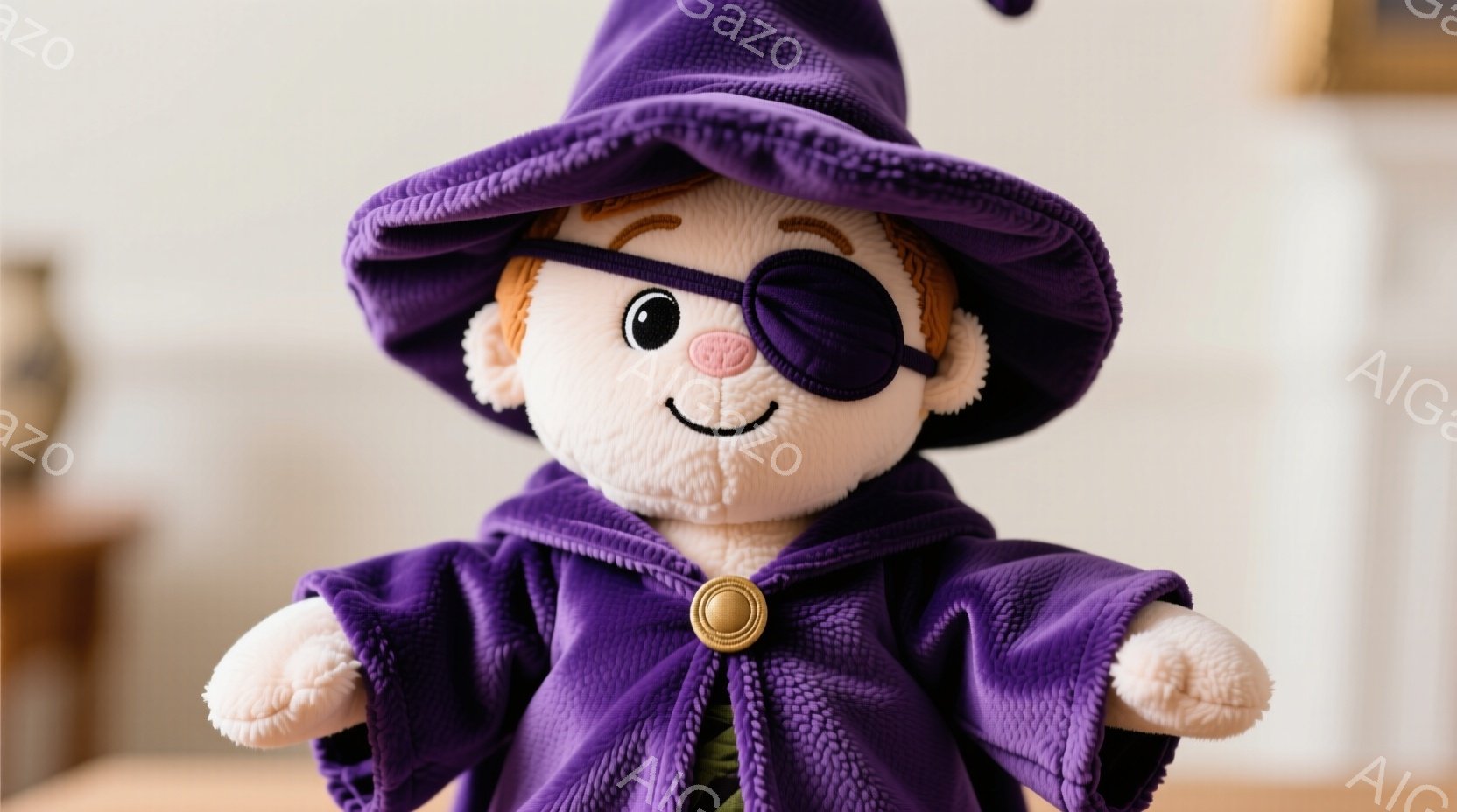 紫色のローブと帽子を身につけたふわふわのぬいぐるみです。片目に眼帯をしており、少しいたずらっぽい表情をしています。背景にはぼやけた家具が見え、温かく柔らかな雰囲気が漂っています。