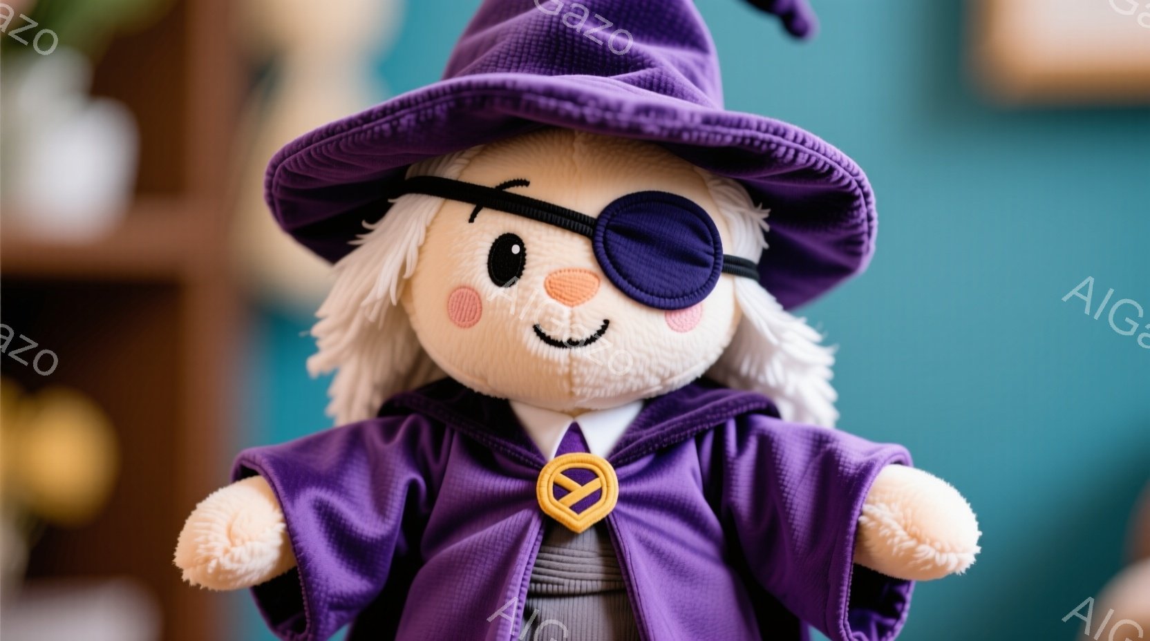 紫色のローブと帽子を身につけた、ふわふわの白いぬいぐるみです。片目に眼帯をつけており、少しいたずらっぽい表情をしています。背景は青い壁で、ぼやけた植物が見え、温かくて優しい雰囲気を醸し出しています。