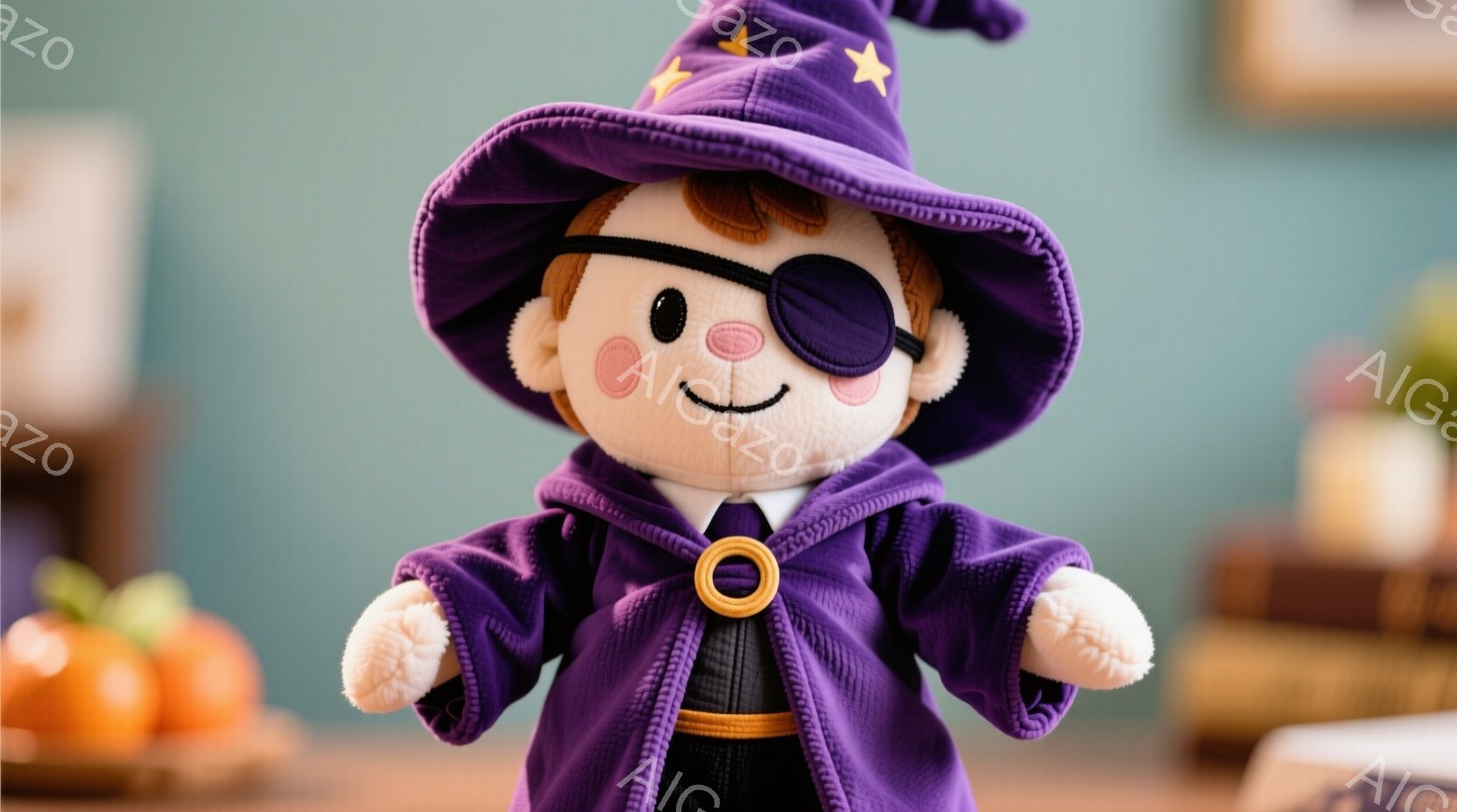 ふわふわの紫色のローブと帽子を身につけた、愛らしいぬいぐるみです。片目に眼帯をしており、穏やかな笑顔を浮かべています。背景には、ぼやけたオレンジ色のカボチャと家具が見え、全体的に温かく、幻想的な雰囲気が漂っています。