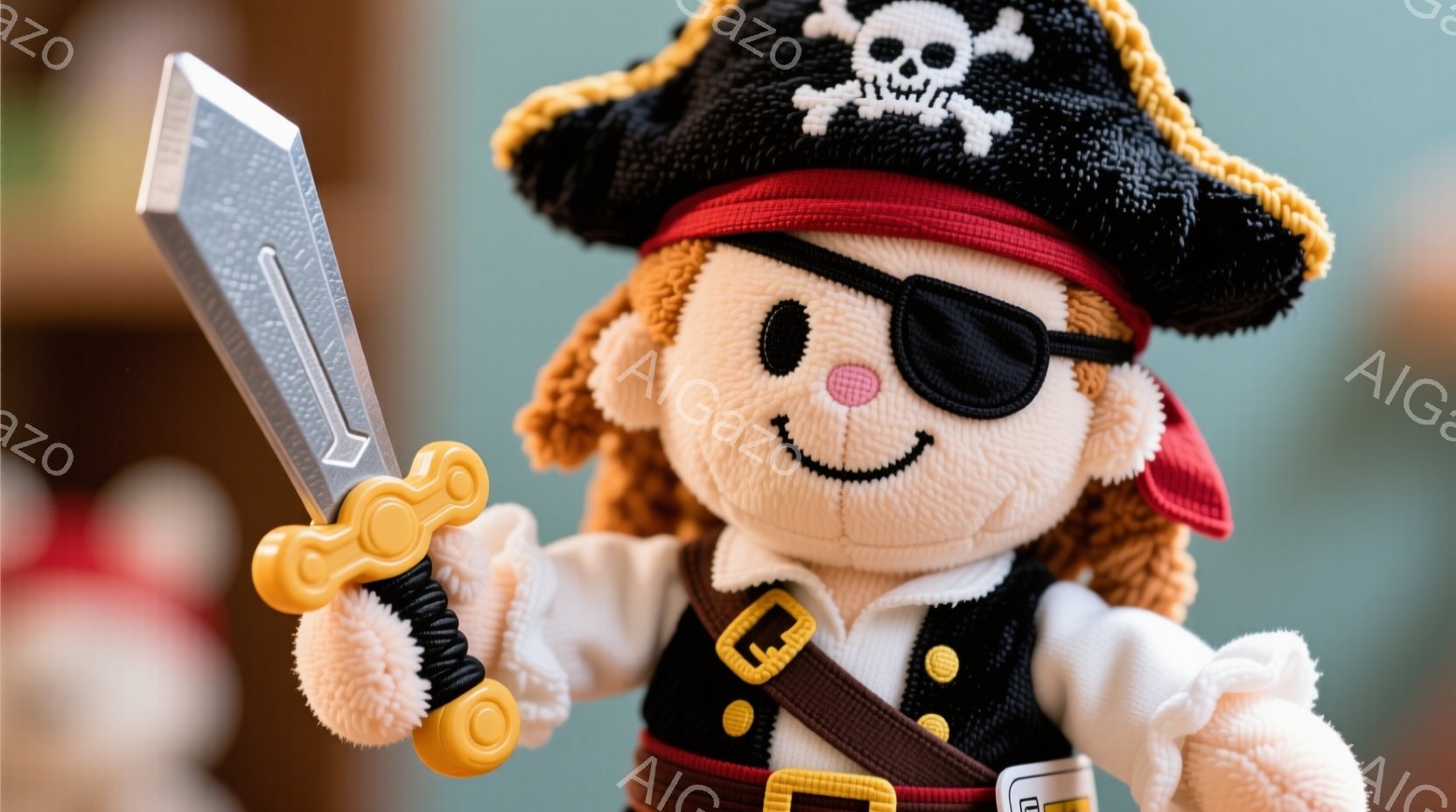 鮮やかな赤い髪に眼帯をつけた、テディベアのようなぬいぐるみのおもちゃです。白いシャツに黒いベスト、赤いバンダナと海賊帽を身につけ、片手にプラスチックの剣を持っています。背景はぼやけていますが、おそらく室内で、おもちゃは少し上向きに、活発な姿勢で立っています。