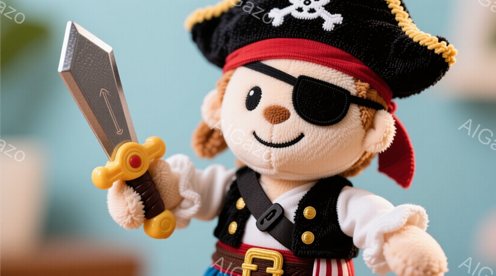 海賊の衣装を着たふわふわのテディベアを描いています。ベアは赤いバンダナ、片方の目を覆う眼帯、黒いベスト、そして縞模様のスカートを着用しており、片手にプラスチックの剣を持っています。背景はぼやけた青色で、おもちゃのような雰囲気の可愛らしい写真です。