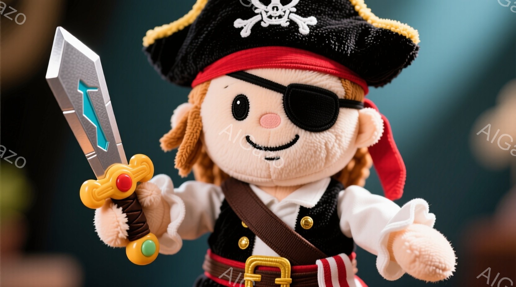 海賊姿のぬいぐるみです。赤毛の髪には赤いバンダナが巻かれ、片目に眼帯をつけています。白いシャツに赤い縞模様のベスト、そして黒いベルトで海賊風の衣装を身につけ、おもちゃの剣を高く掲げています。