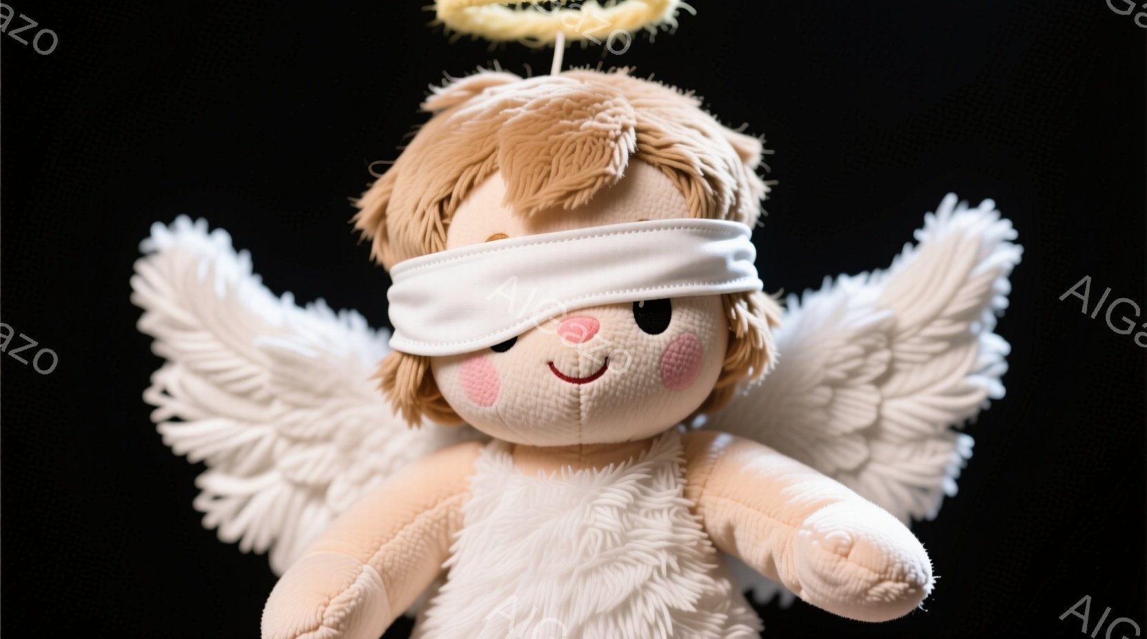 白い背景に、天使のコスチュームを着たふわふわのぬいぐるみがあります。明るい茶色の髪、ピンクの頬、そして微笑んだ表情が特徴的です。片目は白い布で覆われており、頭の上には金色の光輪が輝いています。