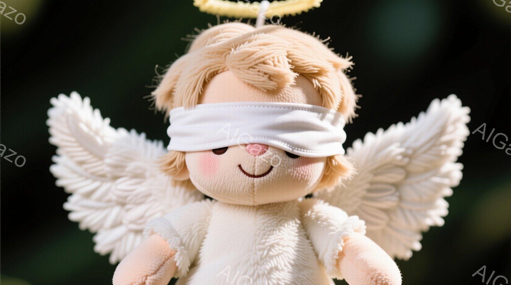 ふわふわの天使のぬいぐるみのおもちゃが写っています。白い羽と光輪をつけており、微笑みを浮かべていますが、目は覆われています。背景はぼやけた緑色で、自然の中で撮影されたようです。