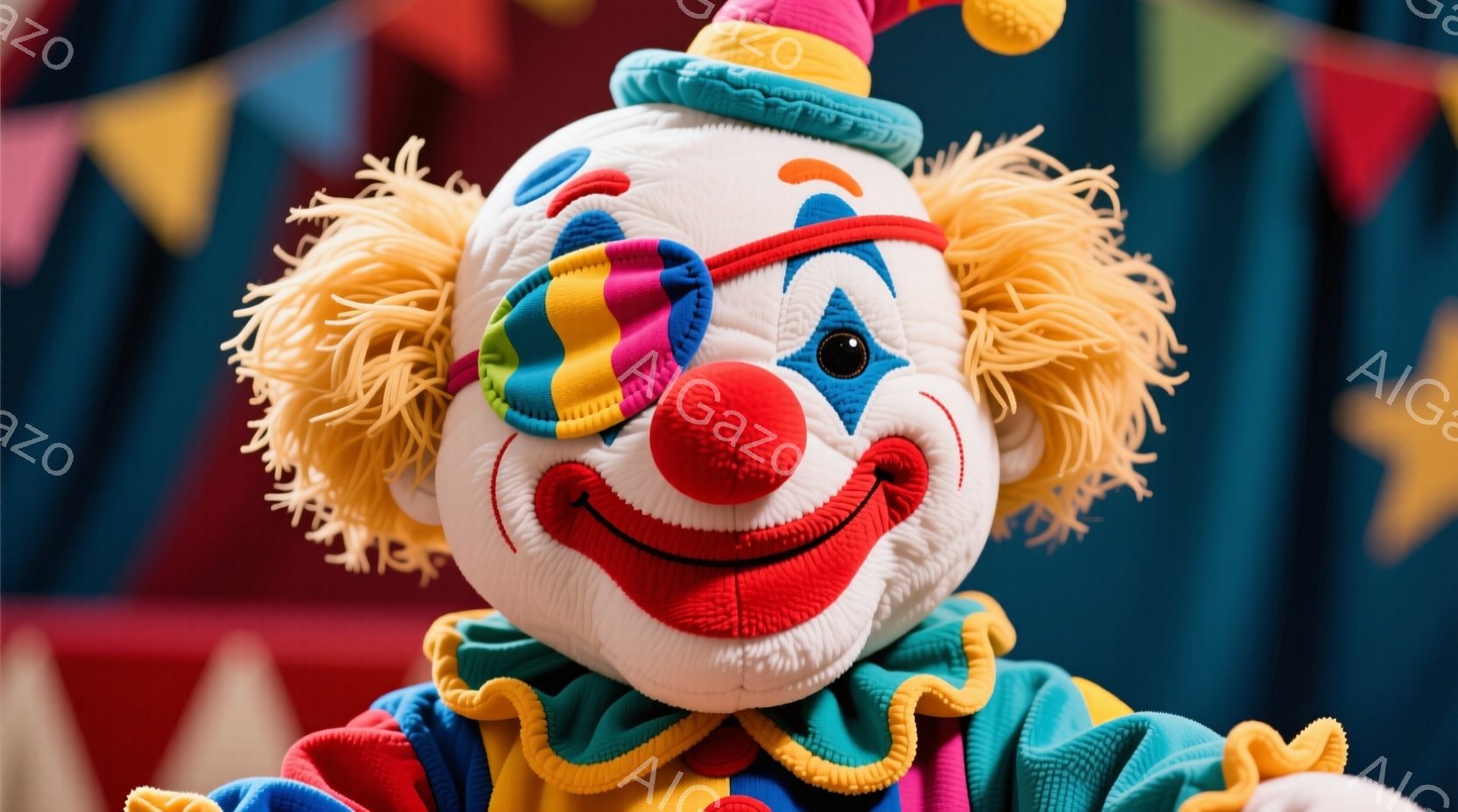 明るい背景を前に、可愛らしいクラウンの人形が正面を向いています。人形は、カラフルな衣装を着ており、頭にはポンポンのついた帽子をかぶり、片目に大きな赤い鼻をつけています。人形の表情は笑顔で、全体的に陽気で楽しい雰囲気が漂っています。