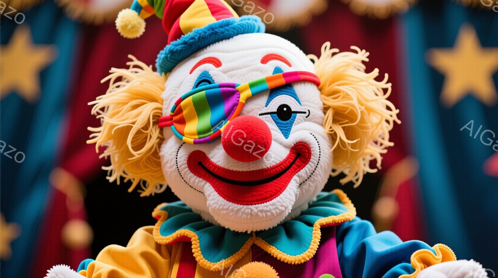 カラフルなクラウンの人形が正面を向いて写っています。赤い鼻と大きな笑顔、片目に付けられたカラフルなパッチが特徴的で、黄色いフリルのついた青い衣装を着ています。背景には赤と青のストライプと黄色い星が描かれた布があり、お祭りや遊園地のような楽しい雰囲気を醸し出しています。