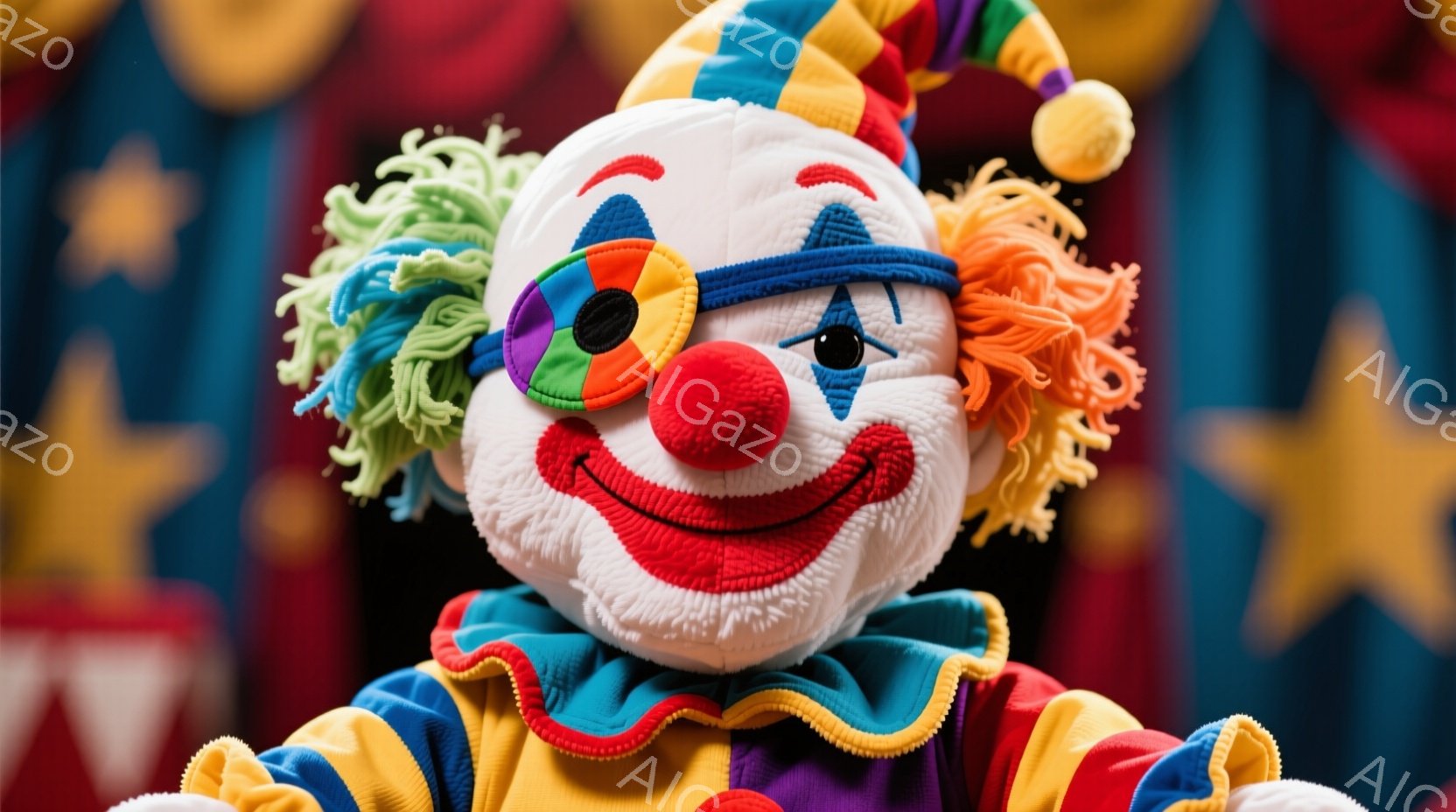 カラフルなピエロのクローズアップです。白地に赤、青、黄色の水玉模様の帽子をかぶり、緑、オレンジ、青のフリルの付け毛をつけています。大きな赤い鼻と笑顔が印象的で、紫、青、黄色のパッチワークの衣装を着ています。