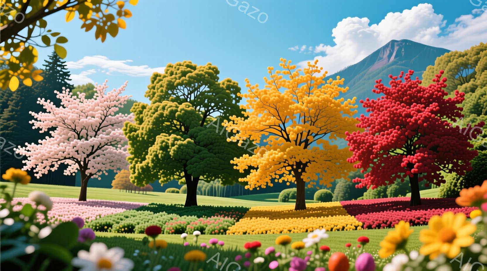 広々とした緑の丘陵地帯に、ピンク、緑、黄色、赤色の葉を持つ木々が並んでいます。背景には雪をかぶった山々と、青い空が広がり、明るく穏やかな雰囲気を醸し出しています。地面はカラフルな花々で埋め尽くされ、まるで絵画のような美しい風景です。