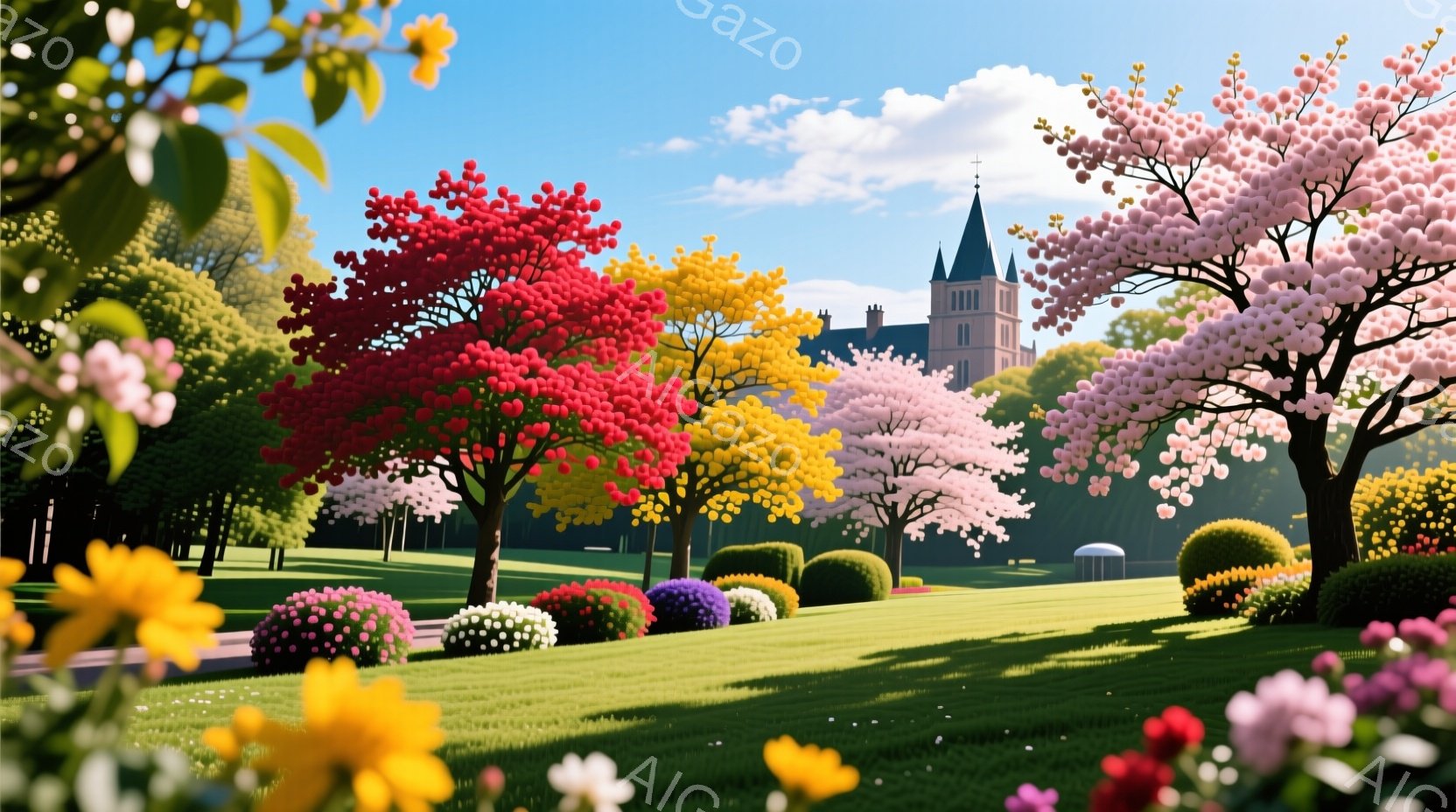 広大な緑の芝生に、鮮やかな赤、黄色、ピンク色の丸い葉を持つ木々が整然と並び、まるで絵画のような風景が広がっています。遠景には、尖塔を持つ堂々とした建物が見え、青空と白い雲が穏やかな春の日の雰囲気を醸し - AI生成フリー素材
