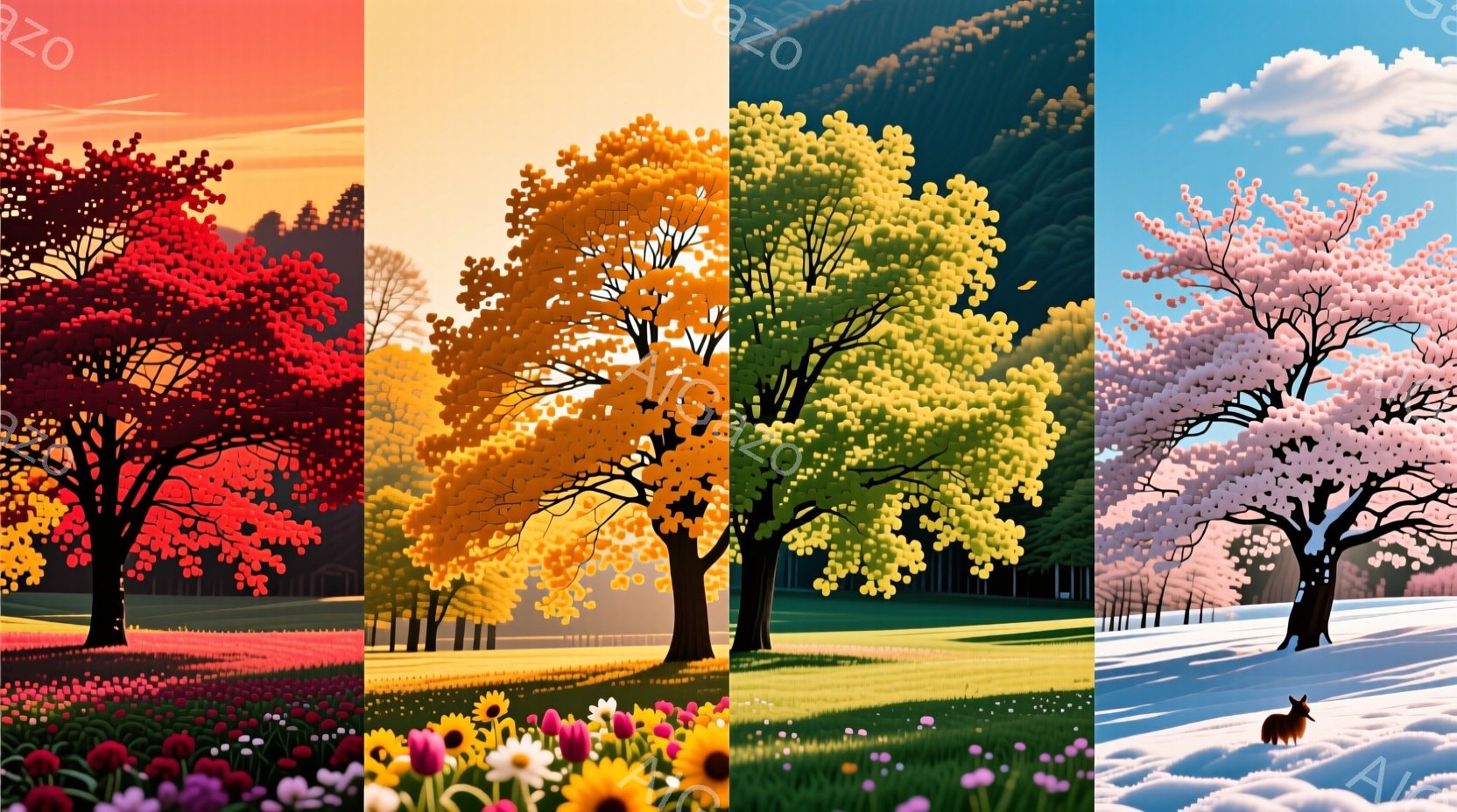 画像は季節の変化を表現した４つのパネルで構成されています。春には赤い花を咲かせた木が咲き乱れる花畑にそびえ立ち、夏には緑豊かな木陰の下にひまわりが咲き誇ります。秋には黄金色の葉を茂らせた木が穏やかな夕 - AI生成フリー素材