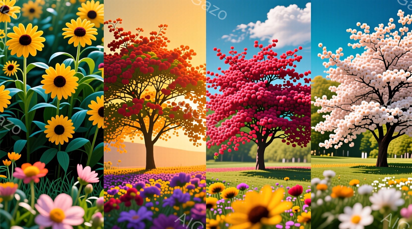 白い花をつけた木が草原に点在し、穏やかな空の下に広がっています。 樹木は密集し、花の色が繊細で、春の訪れを告げるような雰囲気です。 草原の緑と空の青が調和し、優しく穏やかな印象を与えます。