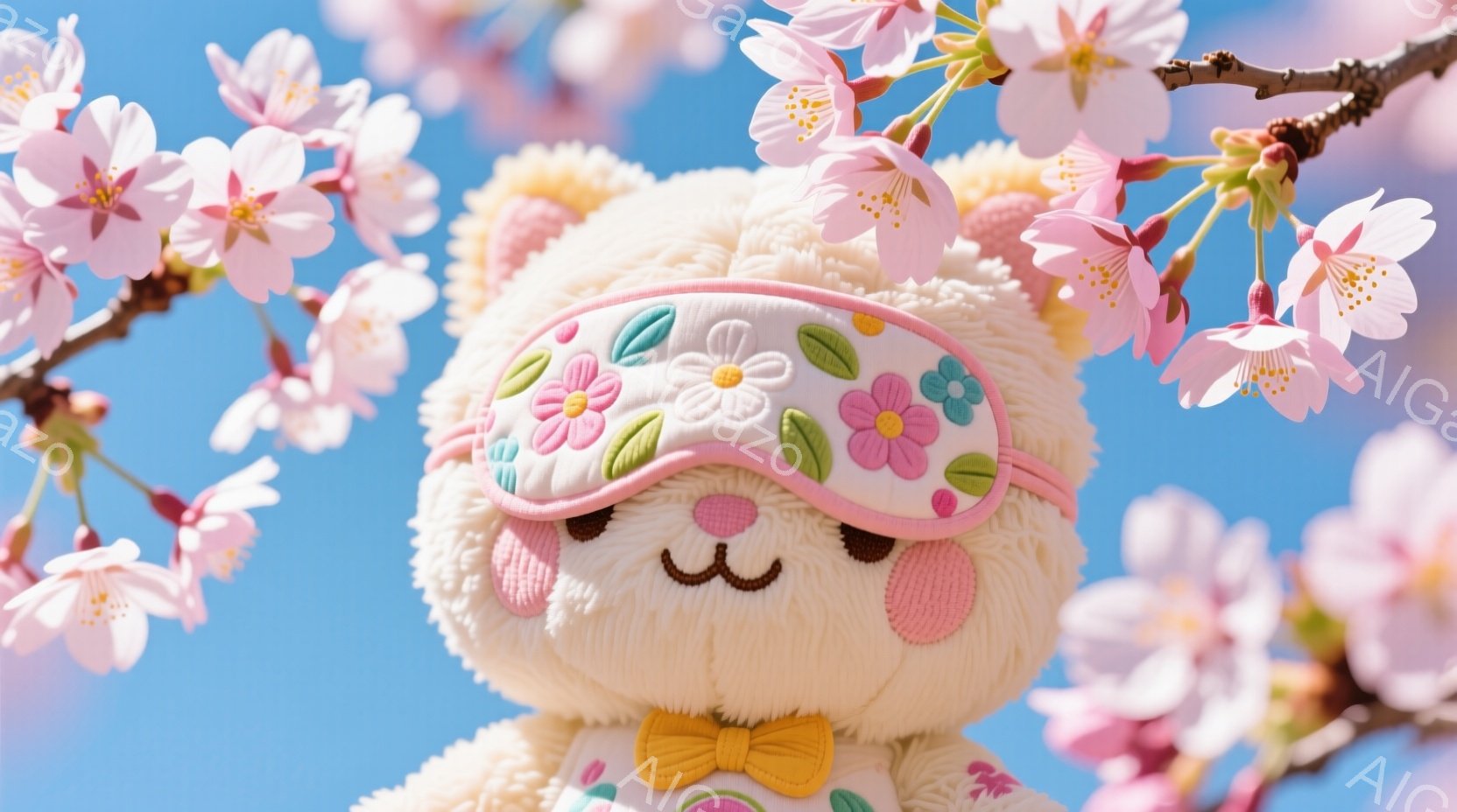 淡いピンク色の桜の花びらが咲き誇る青空を背景に、ふわふわのクリーム色のぬいぐるみがお目見えです。ぬいぐるみは花柄のアイマスクと黄色いリボンで飾られ、可愛らしい表情をしています。春の暖かさと可愛らしさを感じる、優しい雰囲気の写真です。