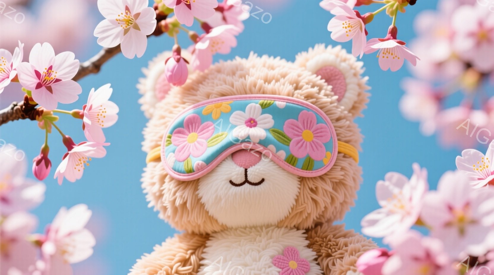 ふわふわの茶色のテディベアが、ピンクと水色の花柄のアイマスクをして目を閉じています。背景には、満開の桜が青空を背景に咲き誇り、春の穏やかな雰囲気を演出しています。桜の花びらがベアの周りに散らばっているように見え、優しい暖かさを感じさせます。