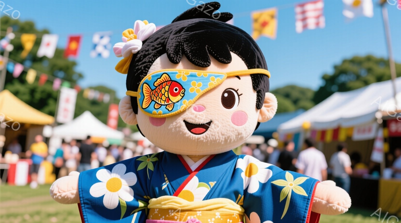 青い着物を着たキャラクターが、白い大きな花柄の帯で締めています。黒い髪には飾りもついており、片目に金魚の絵柄のアイパッチをつけています。背景には多くの人が歩き、屋台が並び、お祭りやイベントが行われてい - AI生成フリー素材