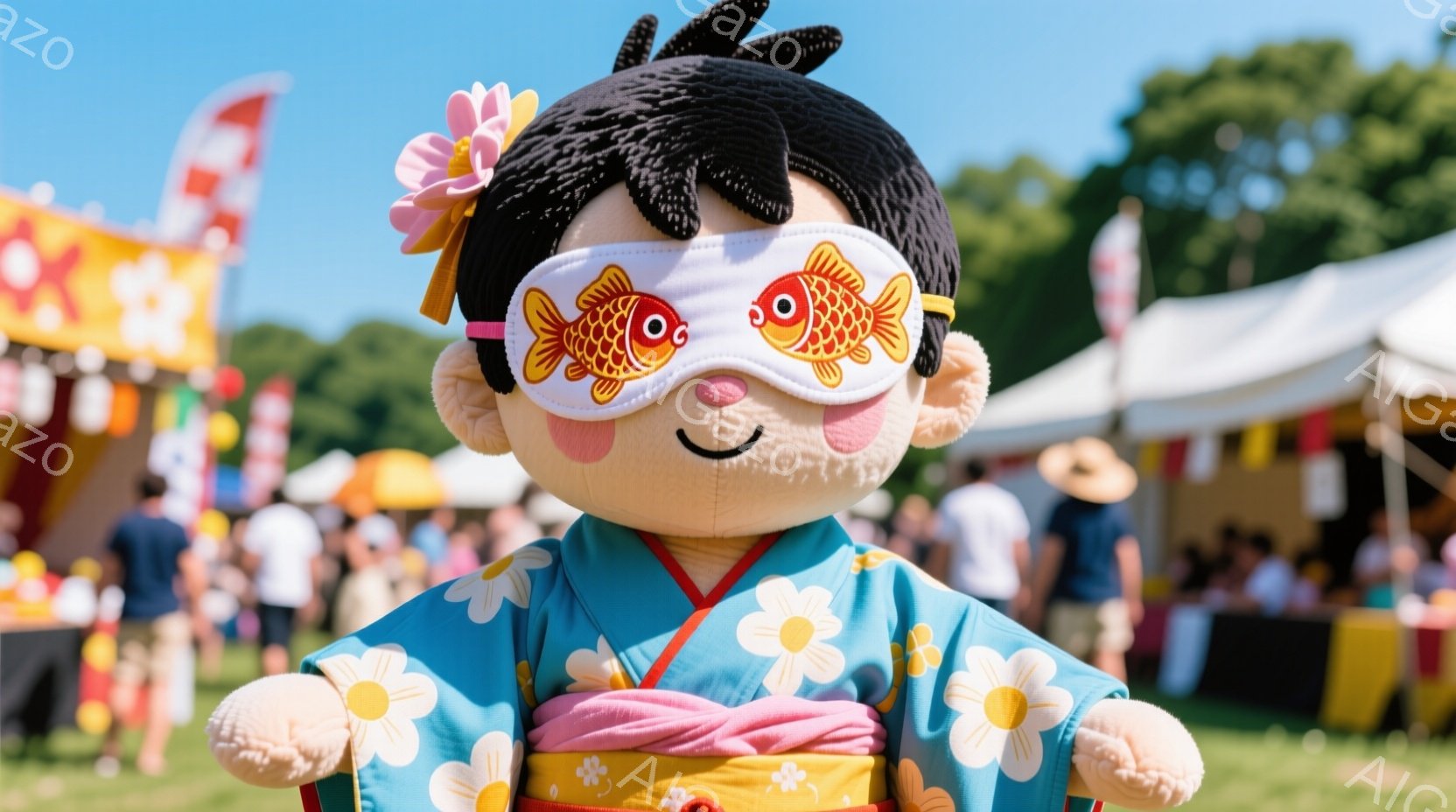 青い浴衣に白い花柄、ピンク色の帯を締めた女性が写っています。目は金魚の模様の覆面で隠され、微笑みを浮かべています。背景には、多くの人々や屋台が見え、夏の祭りの賑やかな雰囲気が伝わってきます。 - AI生成フリー素材