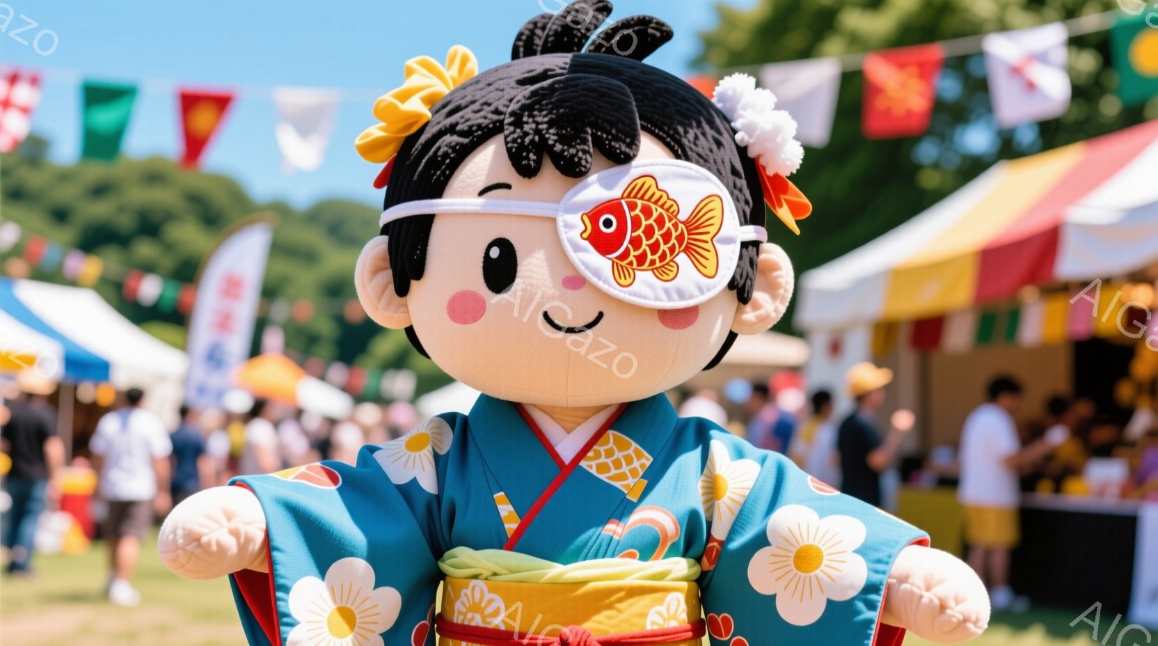 祭りやイベントでよく見られる人形で、青色の浴衣を着て、白い帯と大きな黄色い花柄の飾りが付いています。黒い髪は結び上げられ、顔には笑顔が描かれており、片目に金魚の模様が入った目隠しを付けています。背景には、多くの人々が歩き回り、屋台が並ぶ賑やかなお祭りの様子が広がっており、晴天の下、活気あふれる雰囲気が伝わってきます。