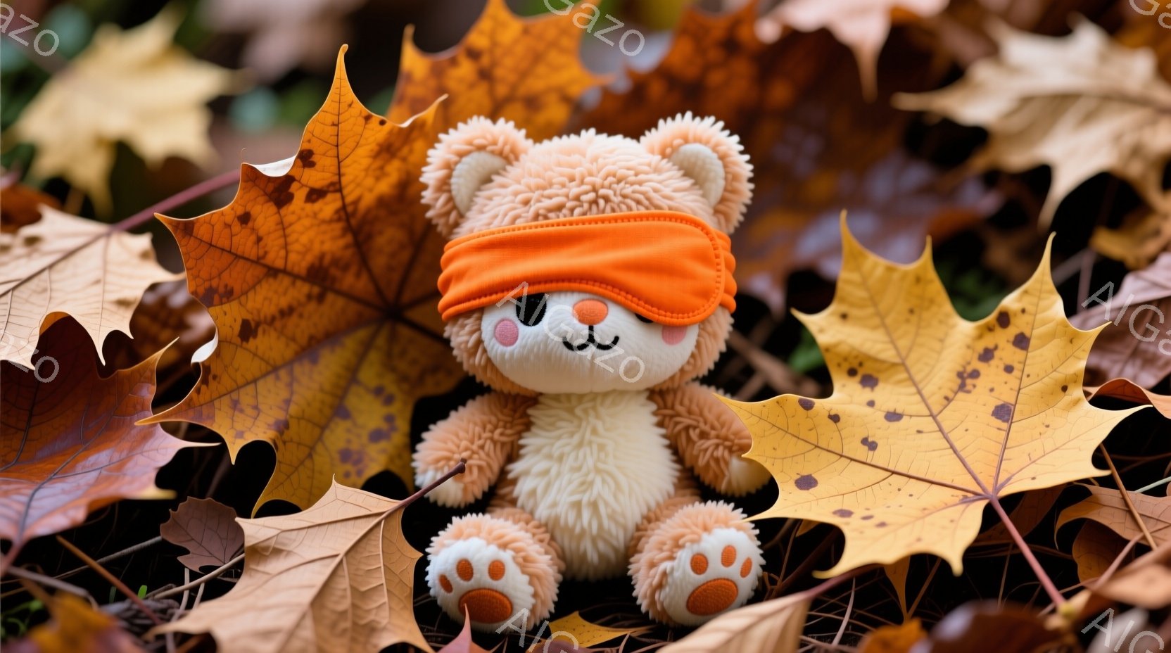 ふわふわの茶色のクマのぬいぐるみは、オレンジ色のアイマスクを着用しており、まるで眠っているかのように見えます。周囲には紅葉したカエデの葉が散りばめられており、秋の風景を演出しています。ぬいぐるみは前足を前に出し、丸みを帯びた可愛らしいポーズをとっています。
