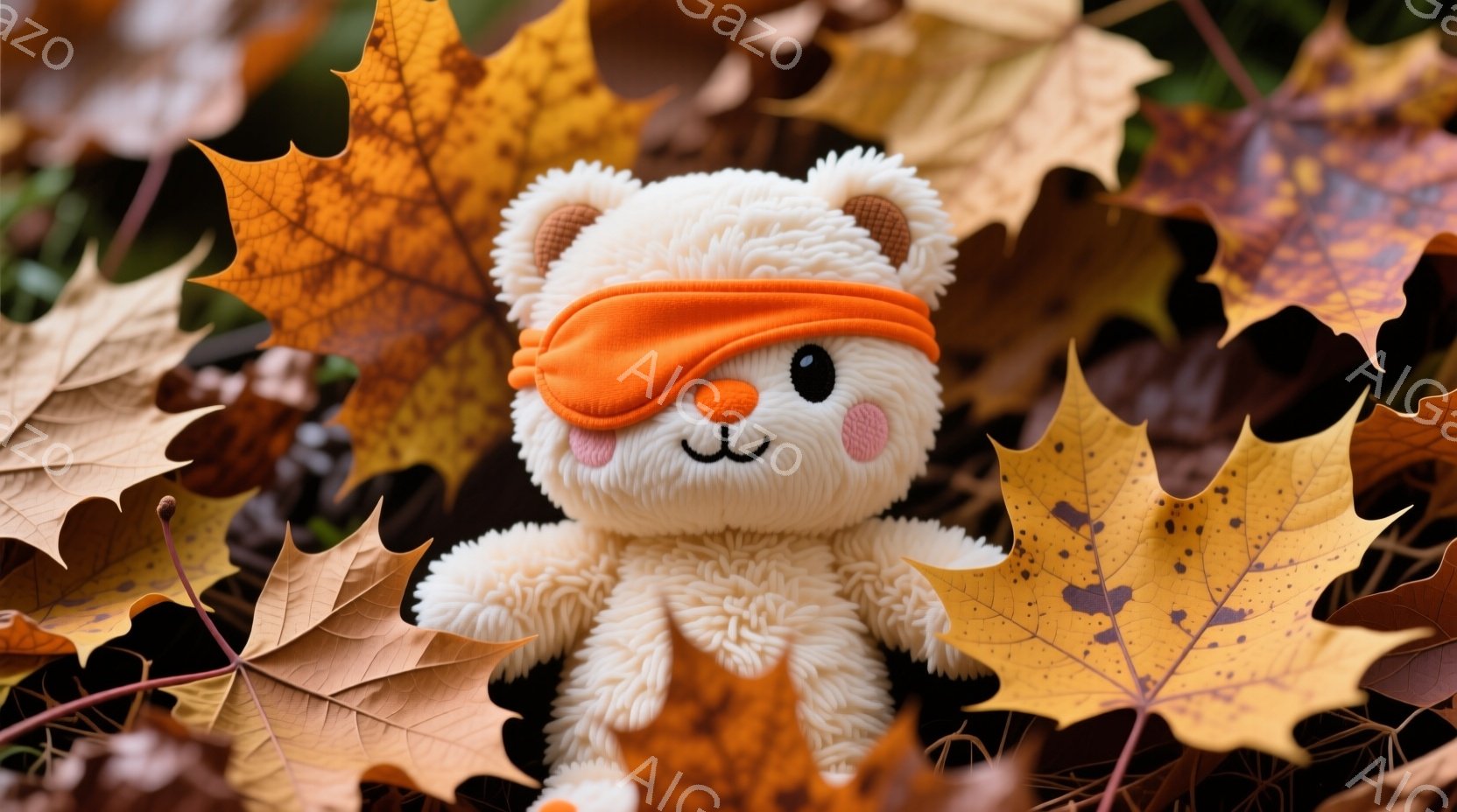 白くてふわふわしたクマのぬいぐるみは、オレンジ色のバンダナを頭に巻いており、可愛らしい表情をしています。 葉っぱの絨毯の上に座っており、まるで秋の森に迷い込んだような雰囲気を醸し出しています。 背景は鮮やかな黄色の落ち葉で覆われ、暖かく、穏やかな秋の日のイメージを伝えています。