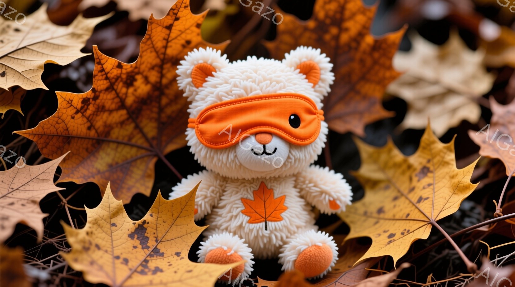 白いテディベアが、オレンジ色のアイマスクとブーツを履いて、落ち葉の中に座っています。ベアは少し微笑んでおり、とても愛らしい表情をしています。背景は秋の落ち葉で覆われており、暖かく、心地よい雰囲気が漂っています。