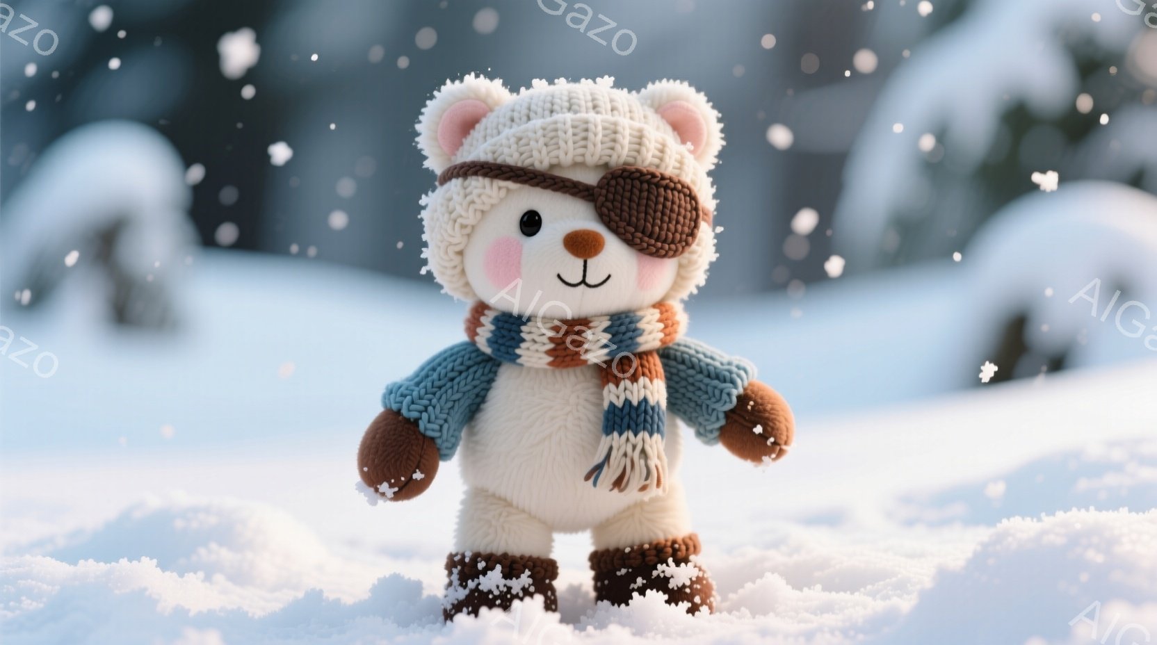 白い毛並みを持つテディベアが、片目に眼帯をつけて雪景色の中に立っています。青とオレンジの縞模様のニットの帽子、マフラー、そして茶色のブーツを身に着け、少し微笑んでいる表情をしています。背景は雪に覆われた木々と白い雪景色で、全体的に温かく、冬の趣のある雰囲気を醸し出しています。