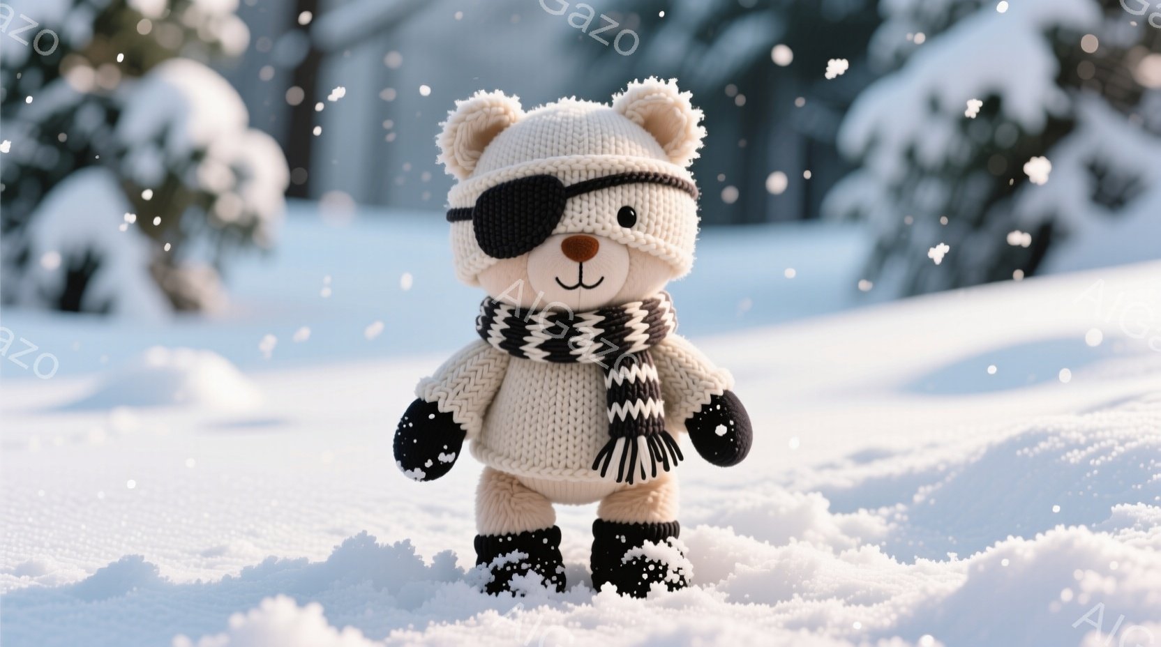 白い編みぐるみのクマが雪の中に立っています。黒い眼帯と、黒いポンポン付きの白い編みマフラー、靴を身に着けており、少しユーモラスな表情をしています。背景は雪に覆われた木々と雪が舞う冬景色で、全体的に暖かく、おとぎ話のような雰囲気を醸し出しています。