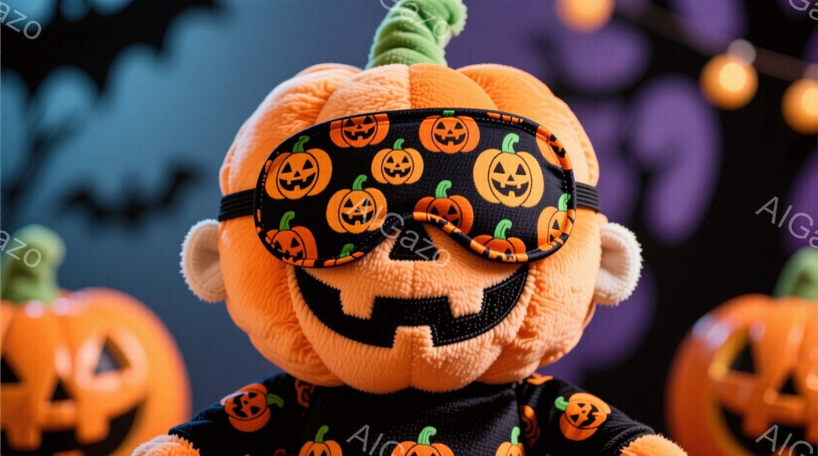 オレンジ色のカボチャのぬいぐるみが、黒地にカボチャ柄のアイマスクをつけている。背景にはぼやけたオレンジ色のカボチャが複数並び、ハロウィーンの楽しい雰囲気を醸し出している。ぬいぐるみの表情は微笑んでいるように見え、全体的に可愛らしく、暖かい印象を与える。