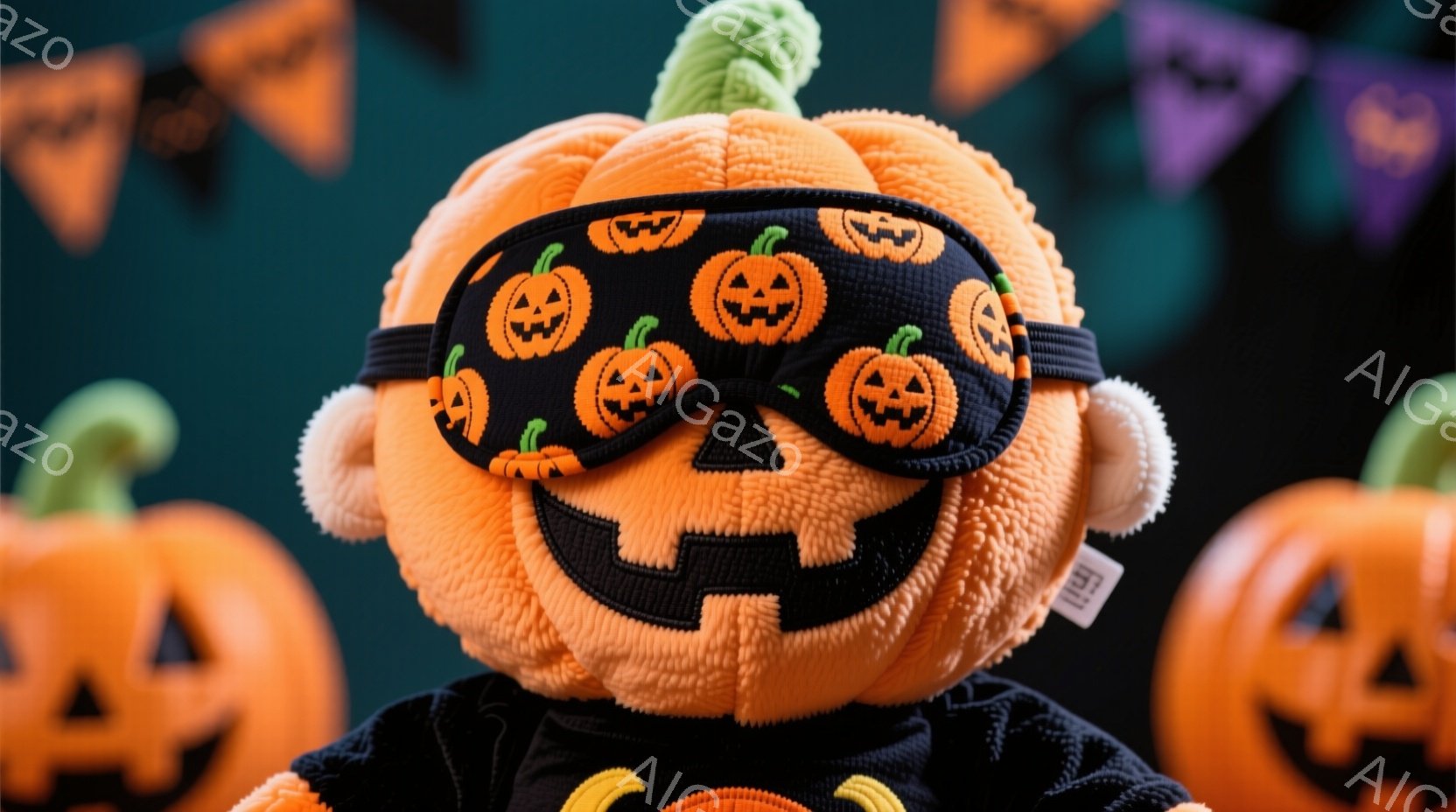 明るいオレンジ色のカボチャのぬいぐるみが中央に配置されており、黒地にオレンジ色のカボチャ柄のアイマスクをつけています。背景には、様々な色のカボチャのガーランドが飾られており、ハロウィーンの雰囲気が漂っています。全体的に暖かく、可愛らしい印象を与える写真です。