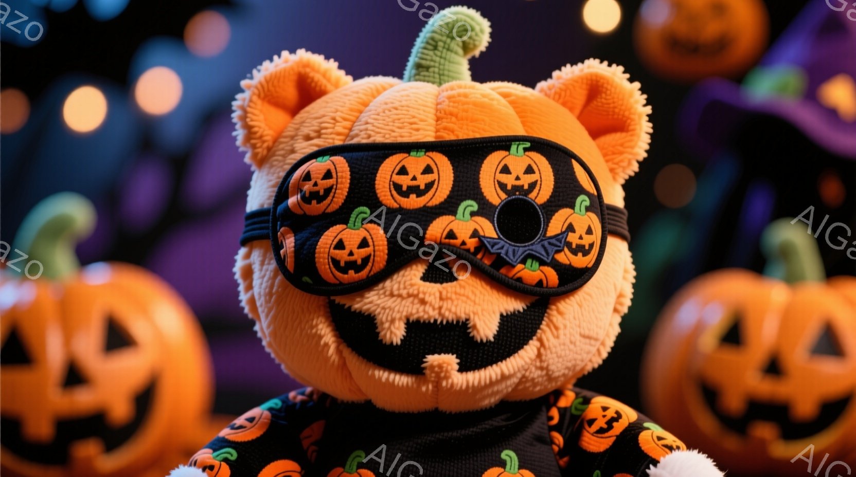 オレンジ色のふわふわしたクマのぬいぐるみは、黒地にオレンジ色のハロウィーン柄の服を着ており、顔にはハロウィーンのジャック・オ・ランタンが描かれたアイマスクをかけています。背景には、さまざまな表情をしたジャック・オ・ランタンがぼんやりと浮かび上がり、ハロウィーンの楽しい雰囲気を醸し出しています。全体的に、暖かく、お祝いの雰囲気で、ハロウィーンパーティーの準備ができているような可愛らしい姿です。