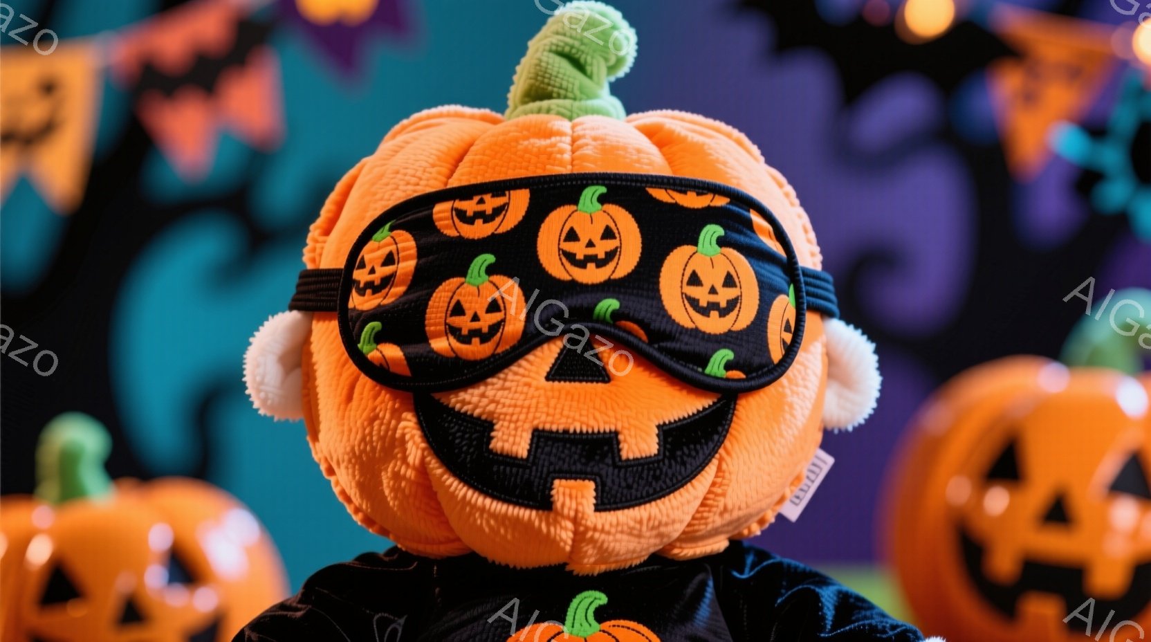 オレンジ色のカボチャの頭部に黒いアイマスクをつけたキャラクターが写っています。アイマスクには同じくカボチャの模様があり、黒い服を着ています。背景には他のカボチャの装飾がぼやけて見え、ハロウィーンの楽しい雰囲気が漂っています。