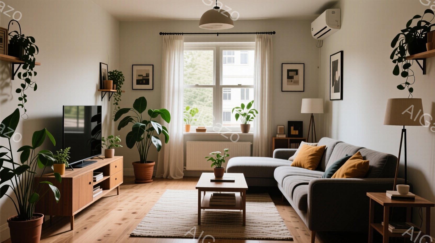 明るいリビングルームで、木製の家具と観葉植物が温かみを添えている。大きな窓からは外の建物が見え、自然光が部屋全体を照らしている。グレーのソファにはオレンジとブルーのクッションが置かれ、床には模様の入ったラグが敷かれている。