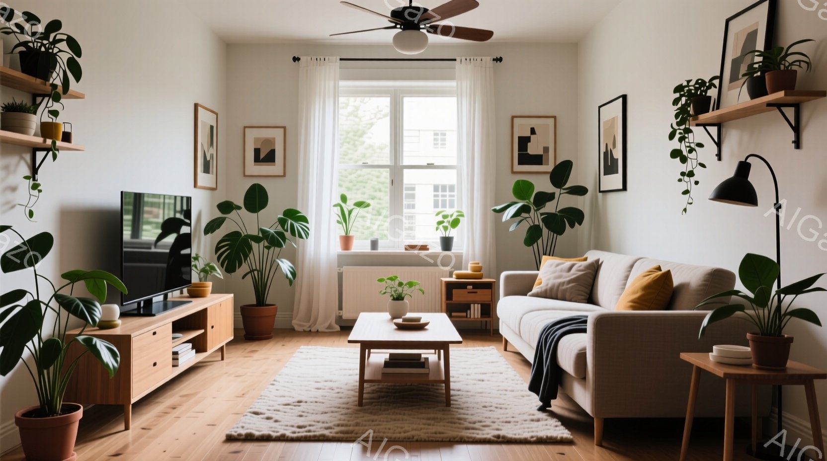 明るいリビングルームで、木製の家具と観葉植物が温かみのある雰囲気を醸し出しています。大きな窓から自然光が差し込み、ベージュ色のソファとラグが部屋全体を柔らかく包み込んでいます。壁には抽象的なアートが飾られ、部屋に落ち着いた雰囲気を添えています。