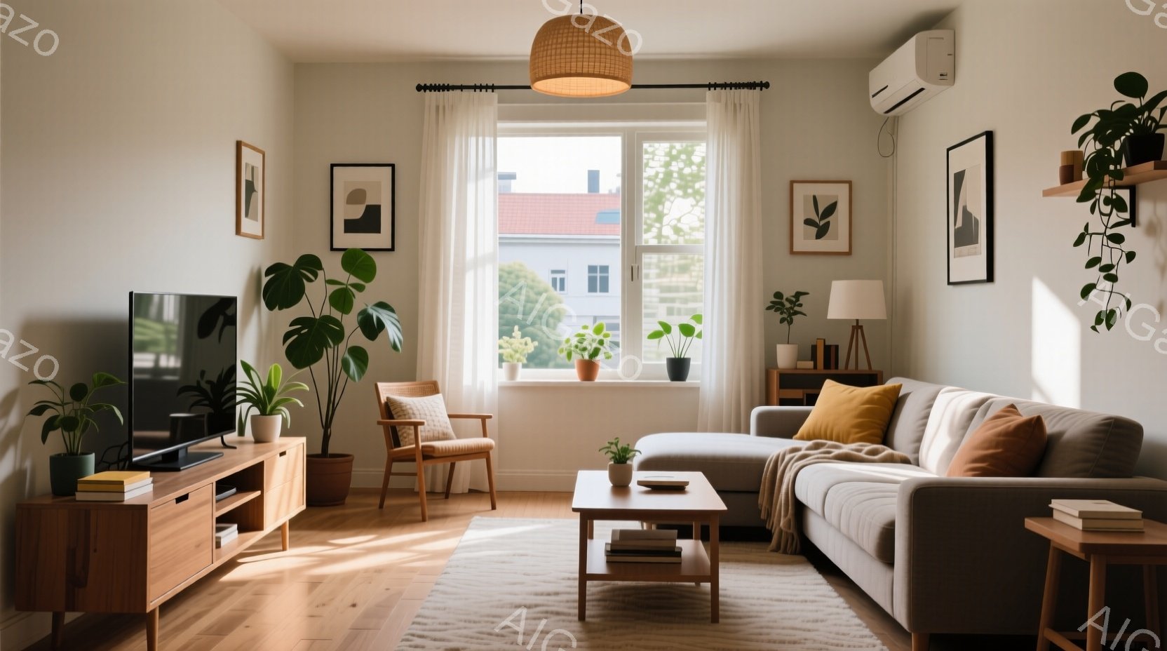 明るい日差しの差し込むリビングルームで、木製の家具と観葉植物が配置されています。窓の外には建物と緑が見え、自然光が室内を暖かく照らしています。ベージュと茶色の落ち着いた色調が、リラックスできる雰囲気を - AI生成フリー素材
