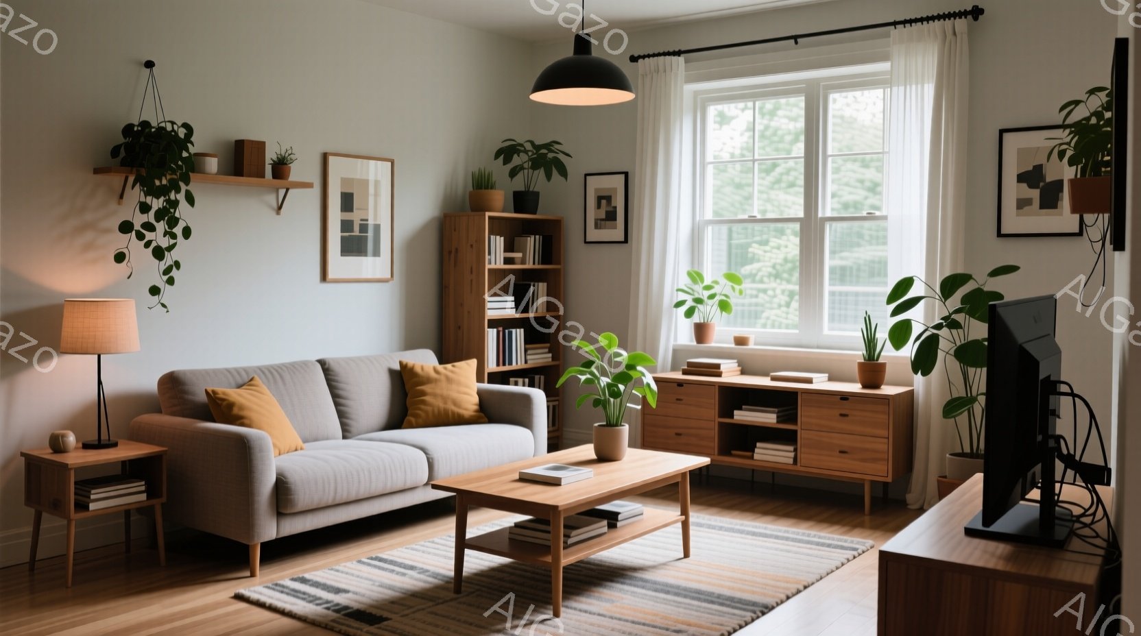 明るいリビングルームの様子で、グレーのソファと木製の家具が配置されています。窓からは緑豊かな景色が見え、部屋全体に自然光が差し込んでいます。観葉植物がインテリアに取り入れられており、落ち着いた、温かみのある雰囲気が漂っています。