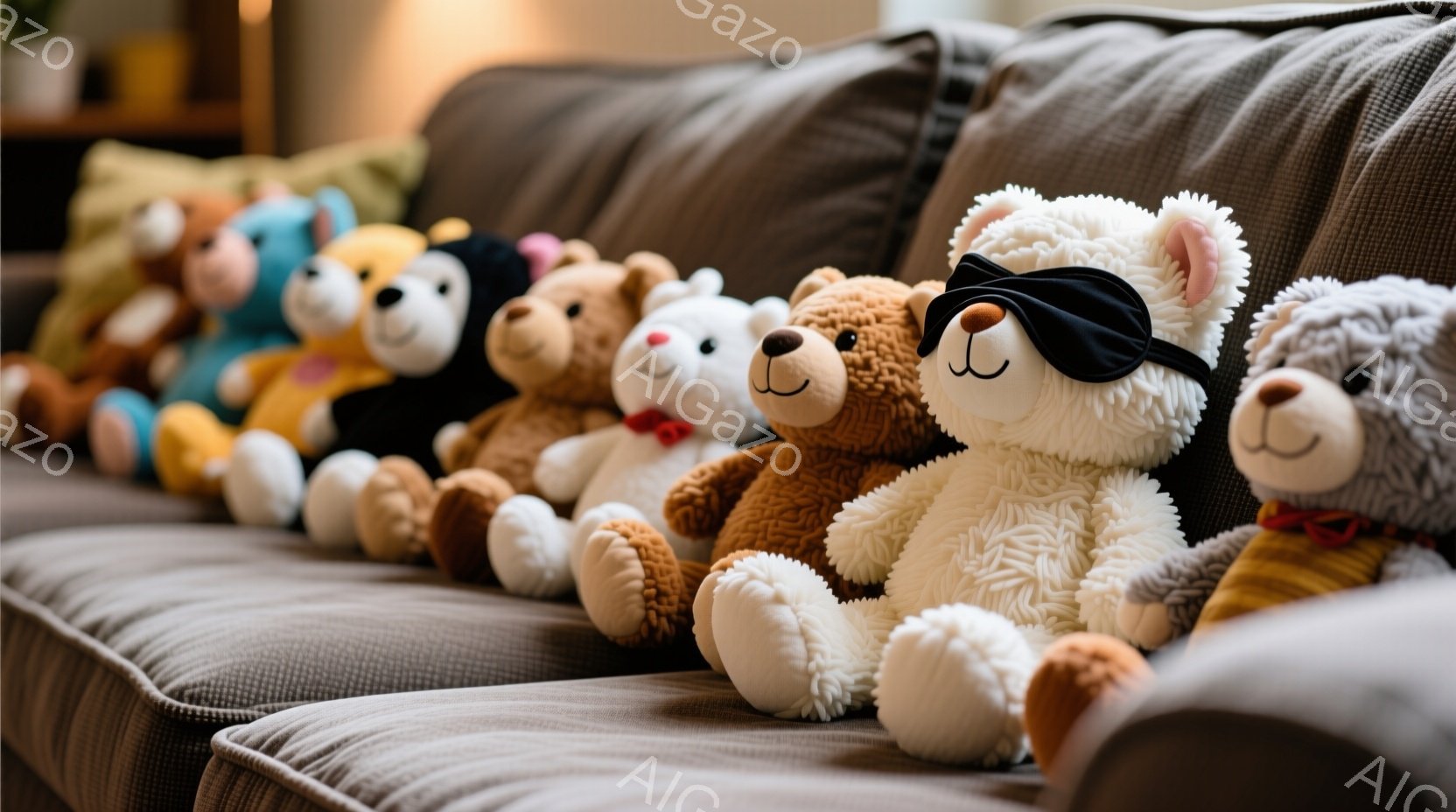 複数のテディベアが、グレーのソファーに一列に並んで座っています。様々な毛色や服装をしており、一部のベアは蝶ネクタイや眼帯をつけています。背景にはぼんやりと家具が見え、暖かく穏やかな雰囲気が漂っています。