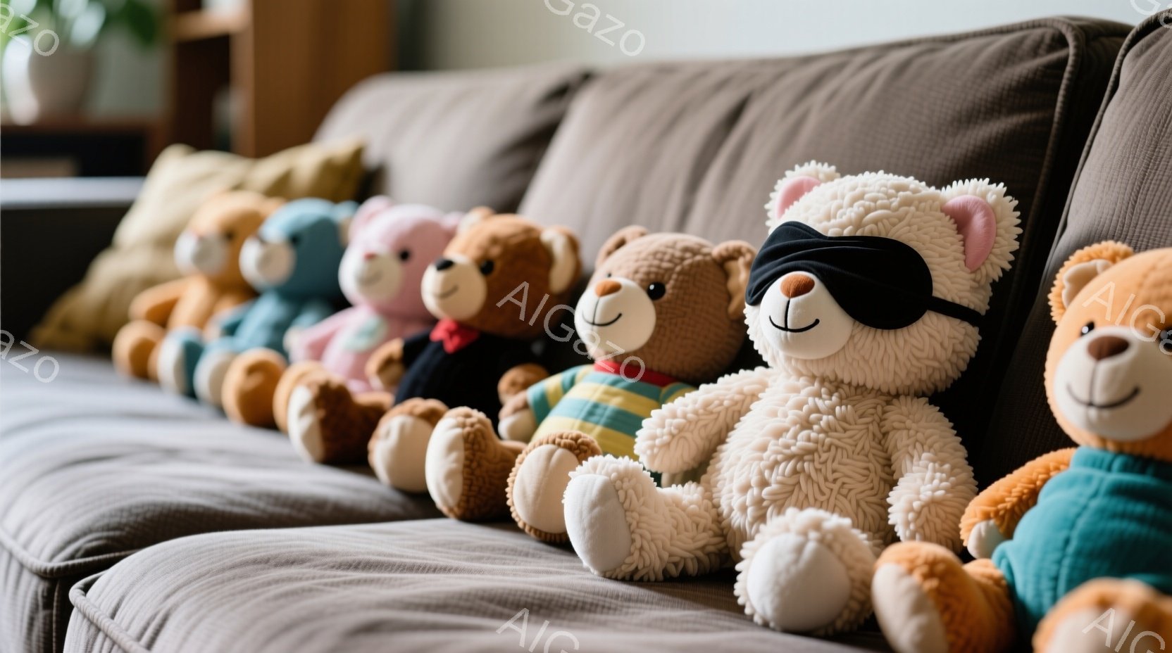 多くのテディベアが茶色のソファに一列に並んで座っています。それぞれ異なる色の毛並みと、いくつかのベアは服を着ており、一つは眼帯をつけています。背景はぼやけていますが、室内であることがわかります。