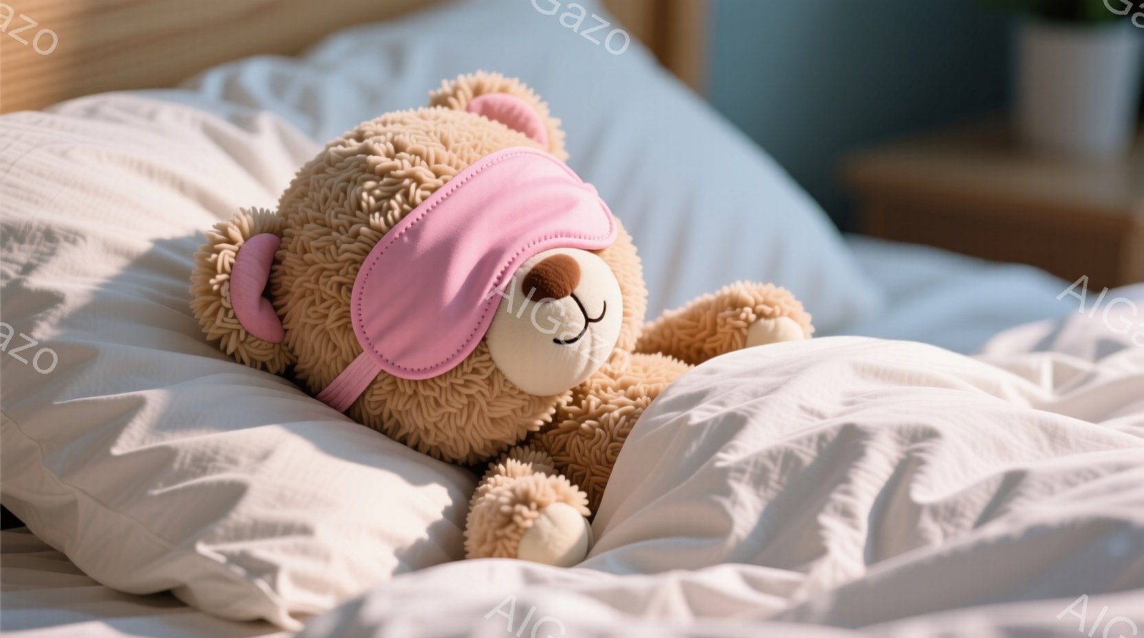 ふわふわの茶色のテディベアが、ピンクのアイマスクをしてベッドの上で横たわっています。ベアはリラックスした表情で、柔らかい白いシーツに包まれています。背景にはぼやけたベッドヘッドボードと、わずかに見える - AI生成フリー素材