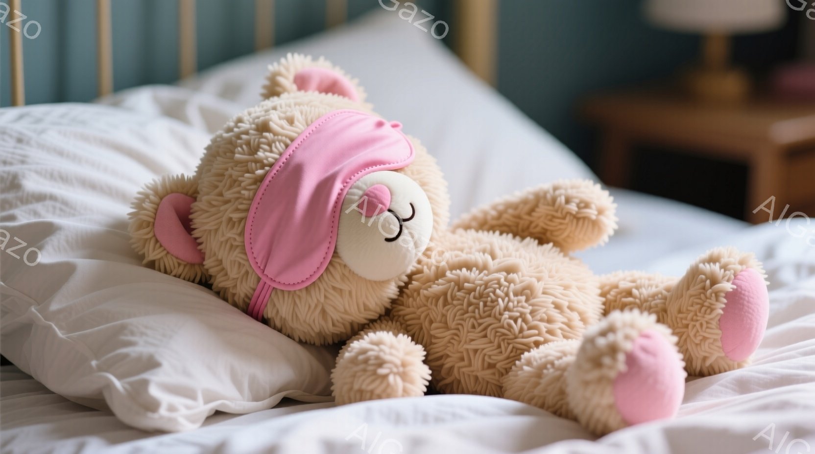 ふわふわのベージュ色のテディベアが白い枕の上に横たわっています。ピンク色のアイマスクをかけていて、リラックスした表情をしています。背景には木製のナイトスタンドとぼやけたベッドフレームが見え、穏やかで心地よい雰囲気が漂っています。