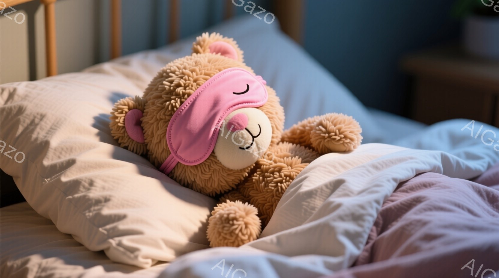 ふわふわの茶色のテディベアが、ピンク色のアイマスクをつけてベッドの上で横たわっています。クマはリラックスした表情で、白いシーツと薄いピンク色のブランケットに囲まれており、穏やかで安らかな雰囲気を醸し出しています。背景はぼやけていますが、寝室の一部の様子が伺えます。