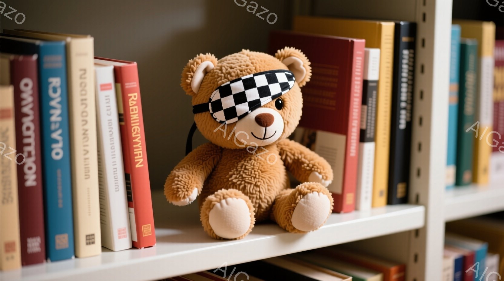 茶色のテディベアが本棚に座っており、黒と白のチェック柄のアイマスクをかけています。ベアは正面を向き、穏やかな表情を浮かべており、周囲には様々な色の本が並んでいます。全体的に落ち着いた雰囲気で、暖かく親しみやすい印象を与えます。