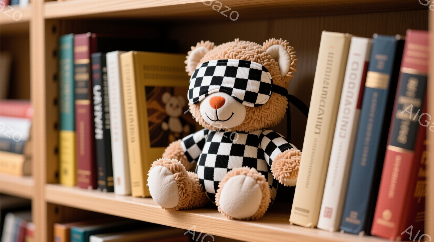 柔らかい茶色のテディベアが、黒と白のチェック柄のスカーフで目を覆われ、棚に座っています。 周囲には様々な色と大きさの本が並んでおり、背景は木製の棚です。 全体的に暖かく、居心地の良い雰囲気で、どこかユーモラスな印象を与えます。