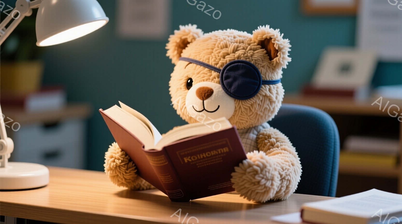 柔らかい茶色のテディベアが机に向かって座り、赤い表紙の本を読んでいます。片目に眼帯をつけており、真剣な表情で本に集中している様子です。背景には青色の壁と本棚があり、机の上には本とランプが置かれ、落ち着いた学習環境を演出しています。