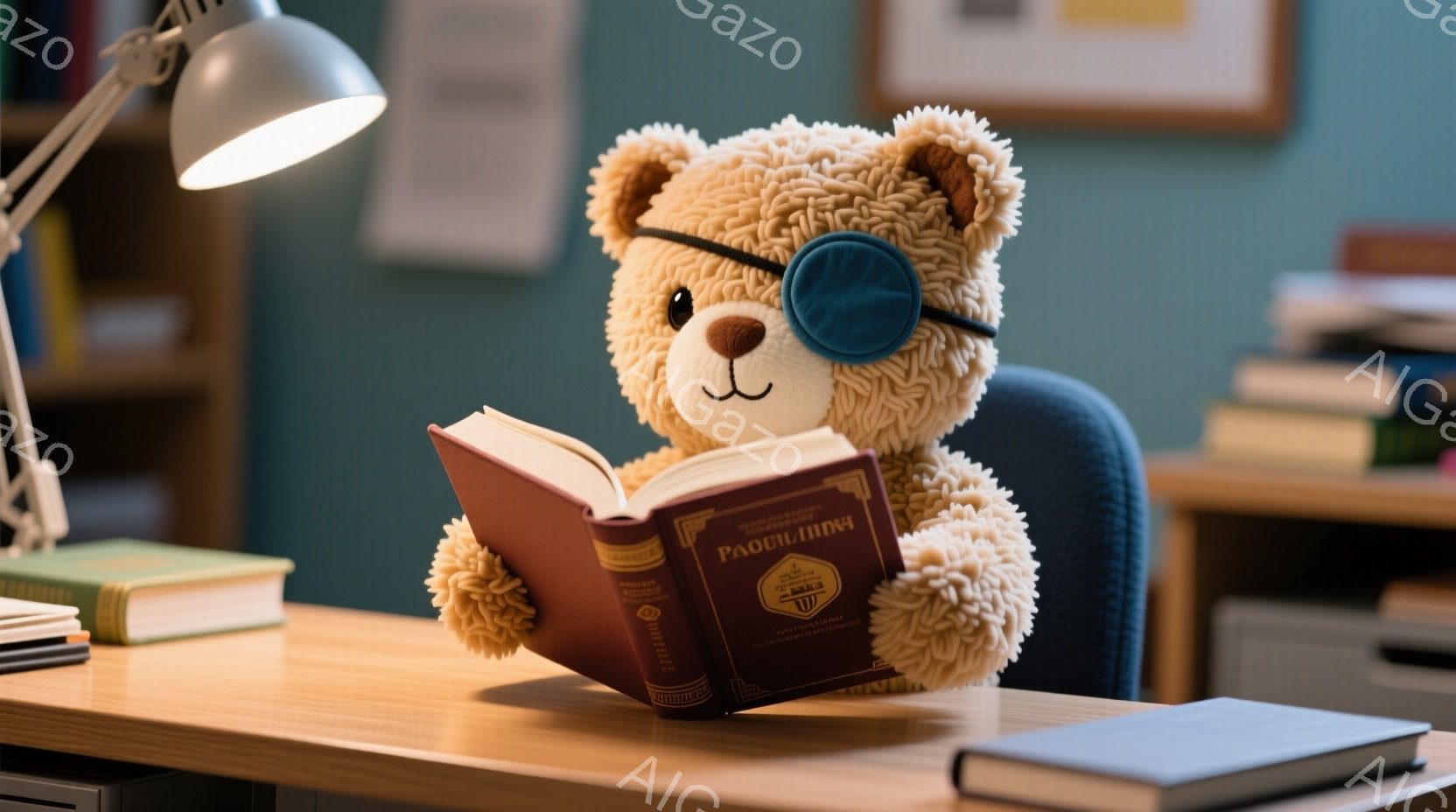 柔らかい茶色のテディベアが、椅子に座って大きな本を熱心に読んでいる様子が描かれています。片目に眼帯をつけており、まるで知的な学者かのようです。背景には、本棚やデスクランプが見え、落ち着いた書斎の雰囲気が漂っています。