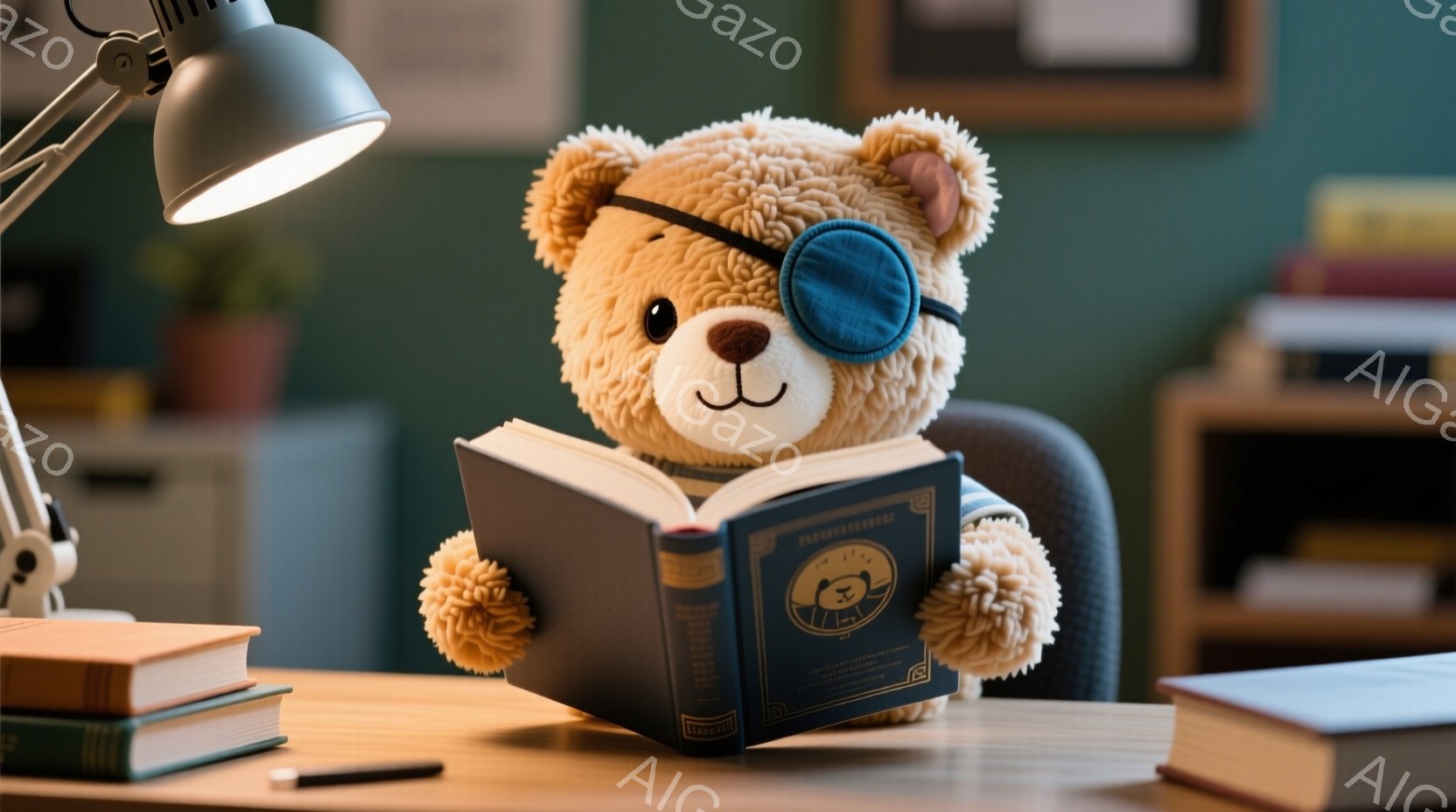 茶色のテディベアが、片方の目を覆う眼帯をつけ、椅子に座って本を読んでいます。木製の机の上には、ベアが読んでいる本に加えて、他の本が積み重ねられています。背景には、植物や本棚が見え、全体的に温かく、落ち着いた雰囲気です。
