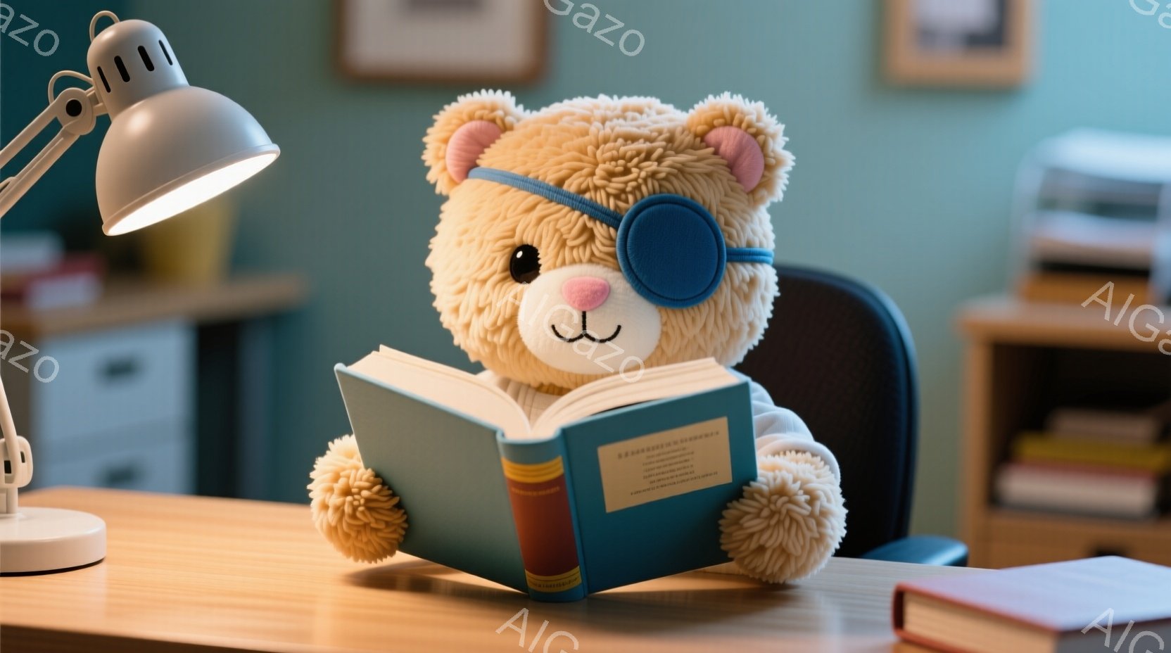 茶色のテディベアが机で青い表紙の本を読んでいます。ベアは片方の目にアイパッチをつけており、真剣な表情で本に集中しています。背景には木製のキャビネットや壁に掛けられた絵画が見え、暖かく落ち着いた雰囲気です。
