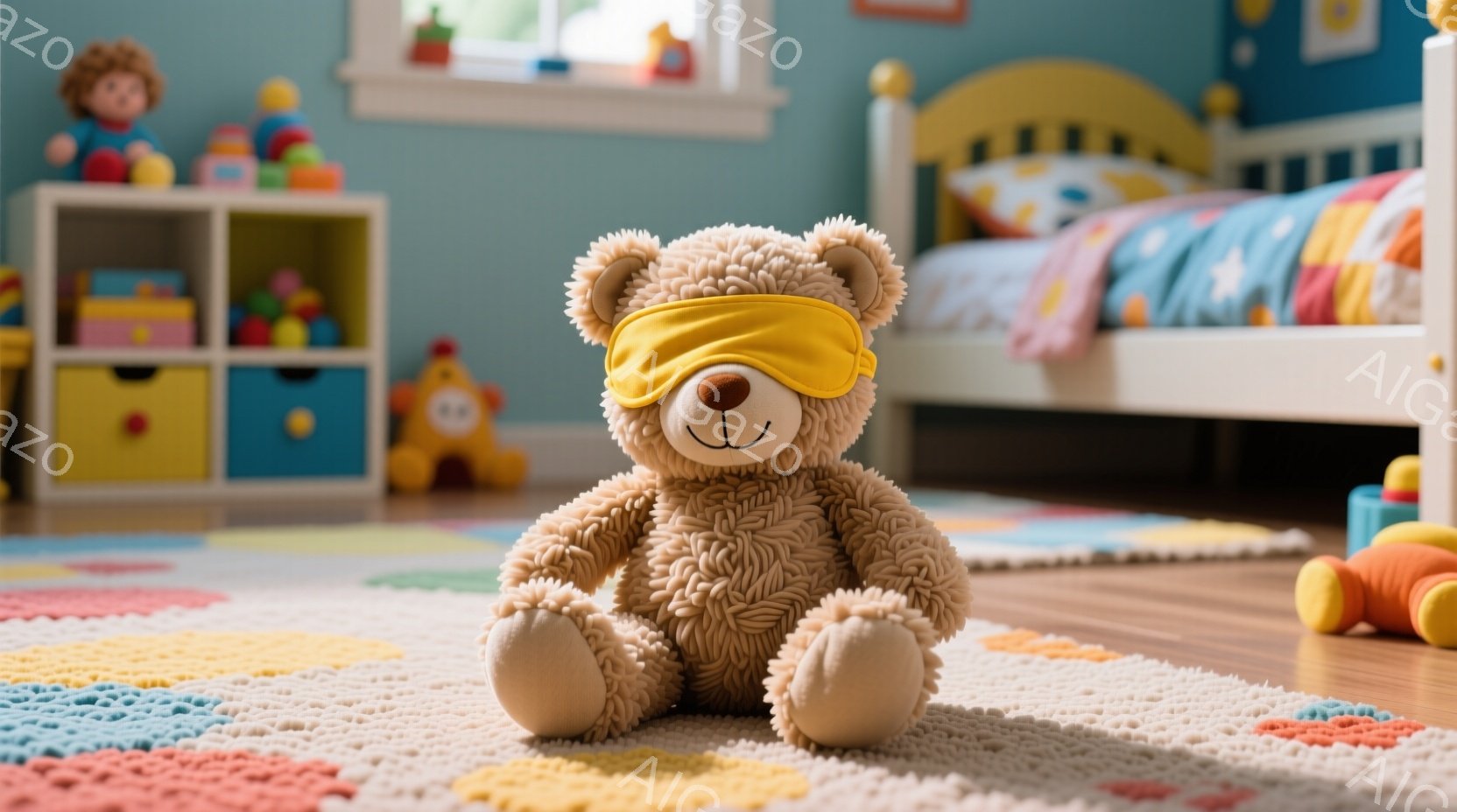 明るい色のカラフルなラグの上に、茶色のテディベアが座っています。ベアは黄色いアイマスクを着けていて、穏やかな表情をしています。背景には、おもちゃが収納されたカラフルな棚と、子供用のベッドが見え、遊び心のある雰囲気の子供部屋です。