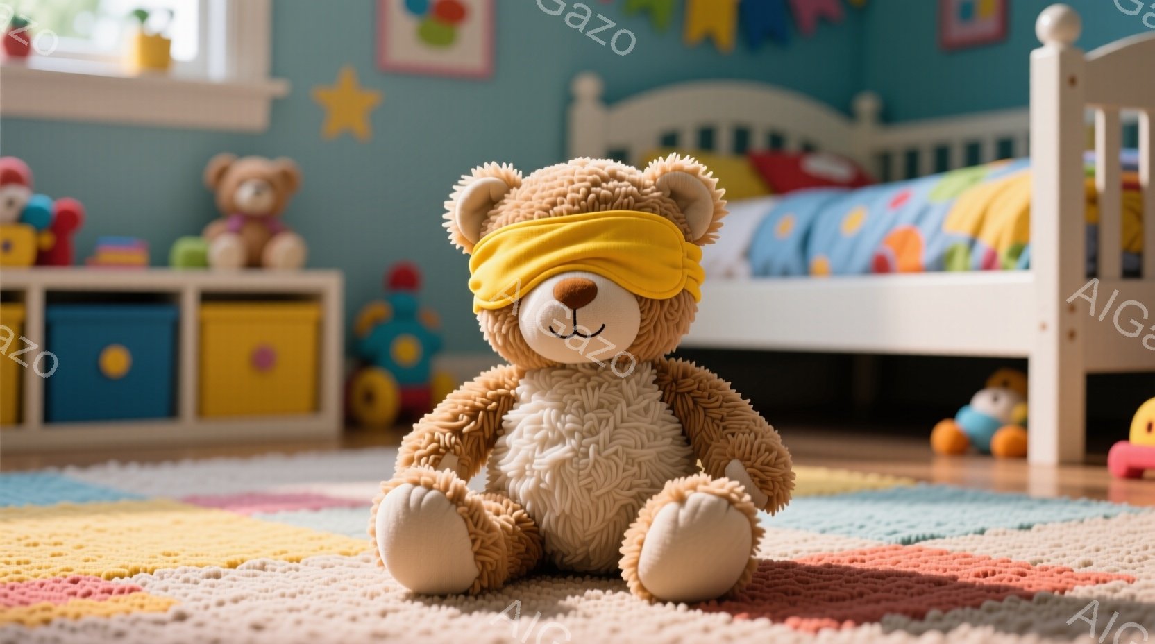 ぬいぐるみは床に座っており、目隠しをしています。背景には子供部屋の様子が見え、おもちゃ箱やベッド、壁に飾られた星型の飾りなどが確認できます。全体的に温かく、遊び心のある雰囲気が漂っています。