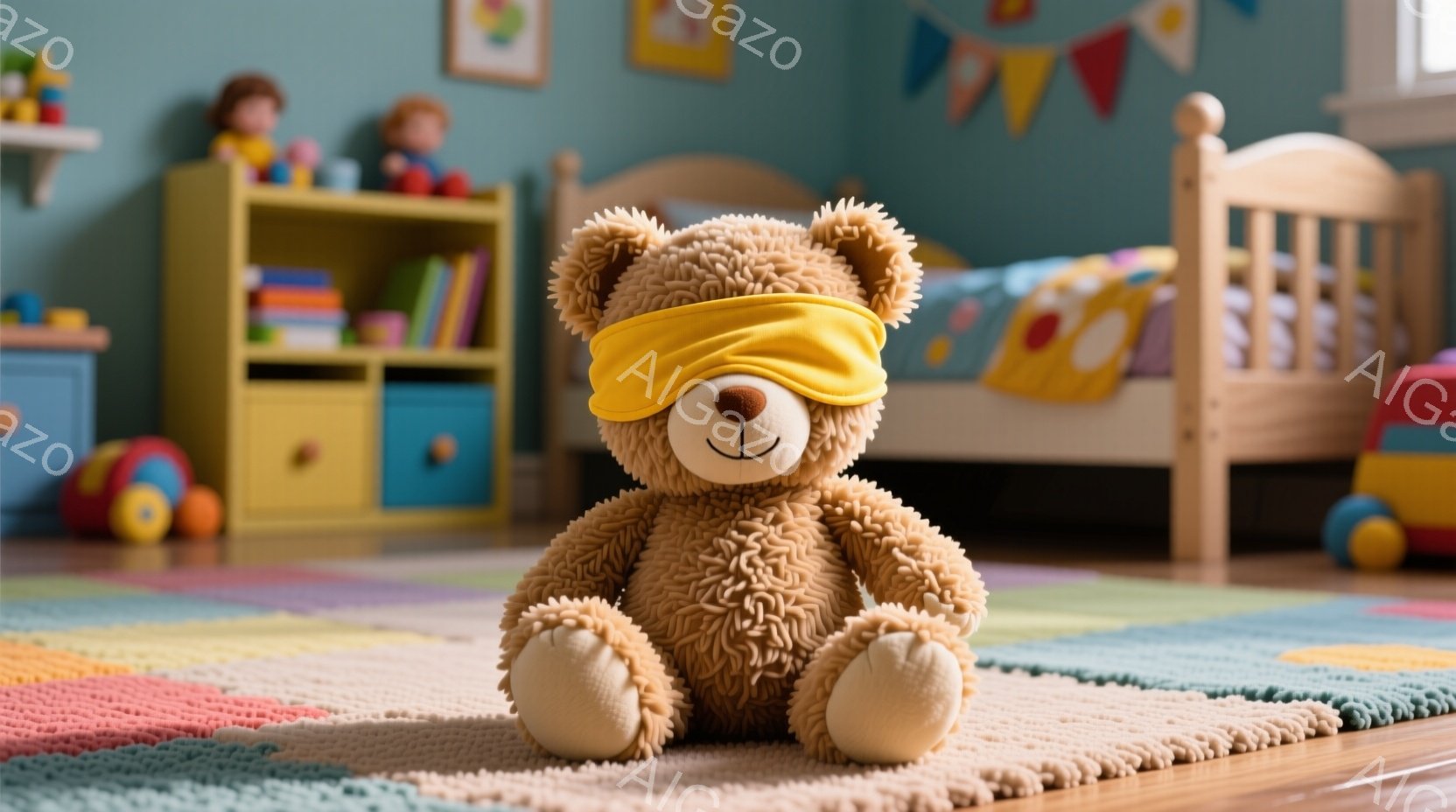 柔らかい茶色のテディベアがカラフルなラグの上に座っています。ベアには黄色い布が巻かれていて、目隠しをしているように見えます。背景には子供部屋の家具、本棚、ベッド、おもちゃがあり、全体的に温かく、遊び心あふれる雰囲気が漂っています。