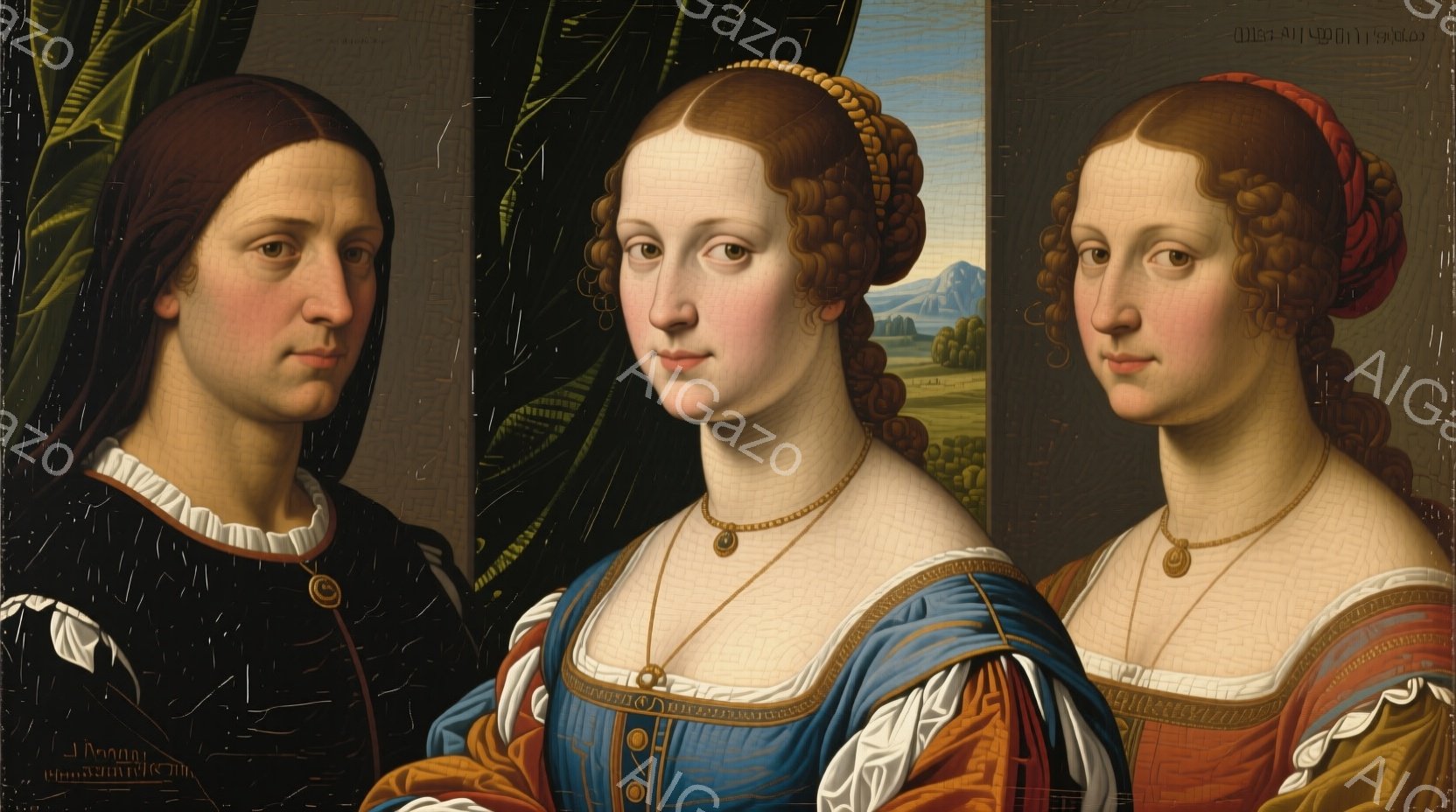 3人の女性の肖像画で、それぞれ異なる服装と髪型をしています。左の女性は黒い服を着ており、髪は簡素にまとめられています。中央と右の女性は、鮮やかな青や赤の豪華なドレスを着用し、複雑なヘアスタイルをしてい - AI生成フリー素材