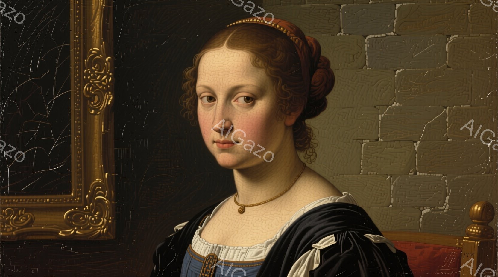 鮮やかな色彩が控えめなポートレートで、赤い髪を複雑に編み込み、頭飾りをつけている女性が描かれています。彼女は青と白の模様が特徴的な衣服を身につけ、わずかに微笑みを浮かべています。背景には石造りの壁と、金色の装飾が施された額縁の一部が見え、落ち着いた内省的な雰囲気を醸し出しています。